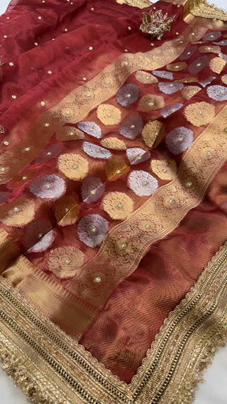 Baarat wali saree - Maroonish red husn tissue silk hand embroidered saree