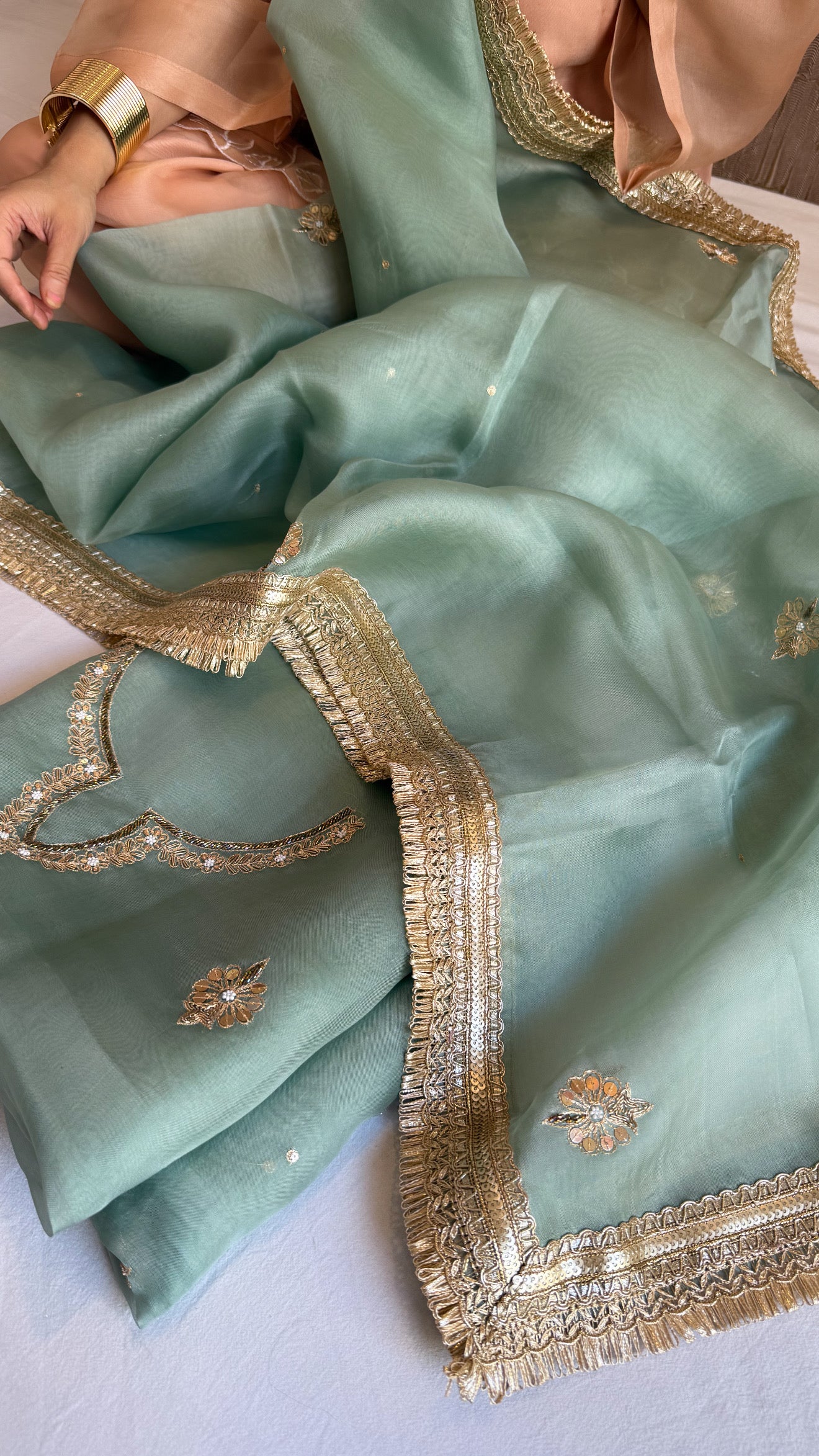 Aari and tilli hand embroidered kora silk teal green kadhwa suit set