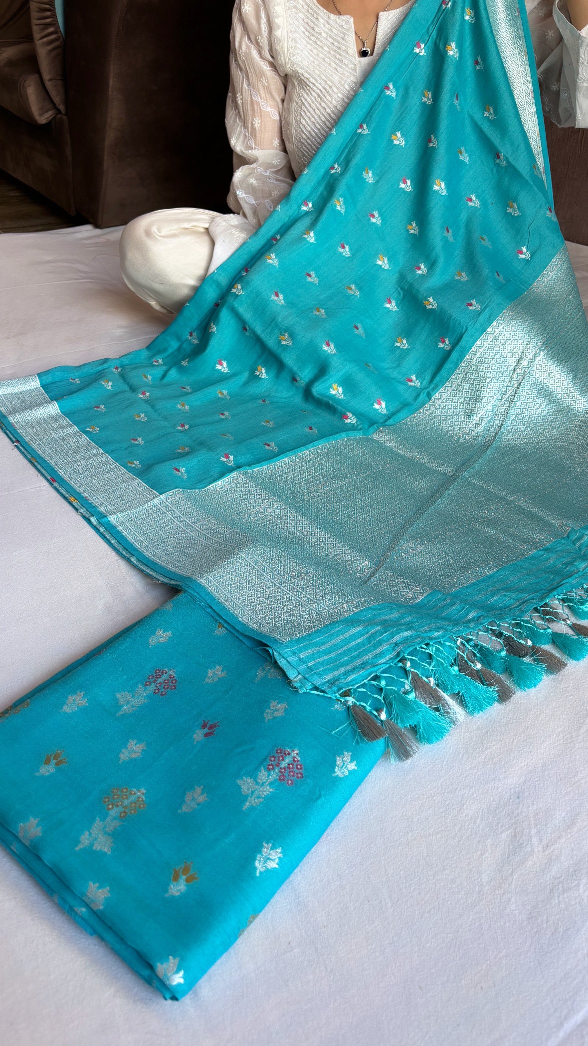 Firozi blue moonga silk silver zari meenedar suit set