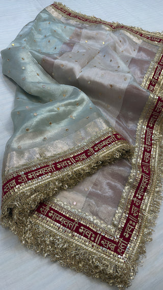 “Sada saubhagyawati” border panetar tissue silk white-red border kadhwa saree