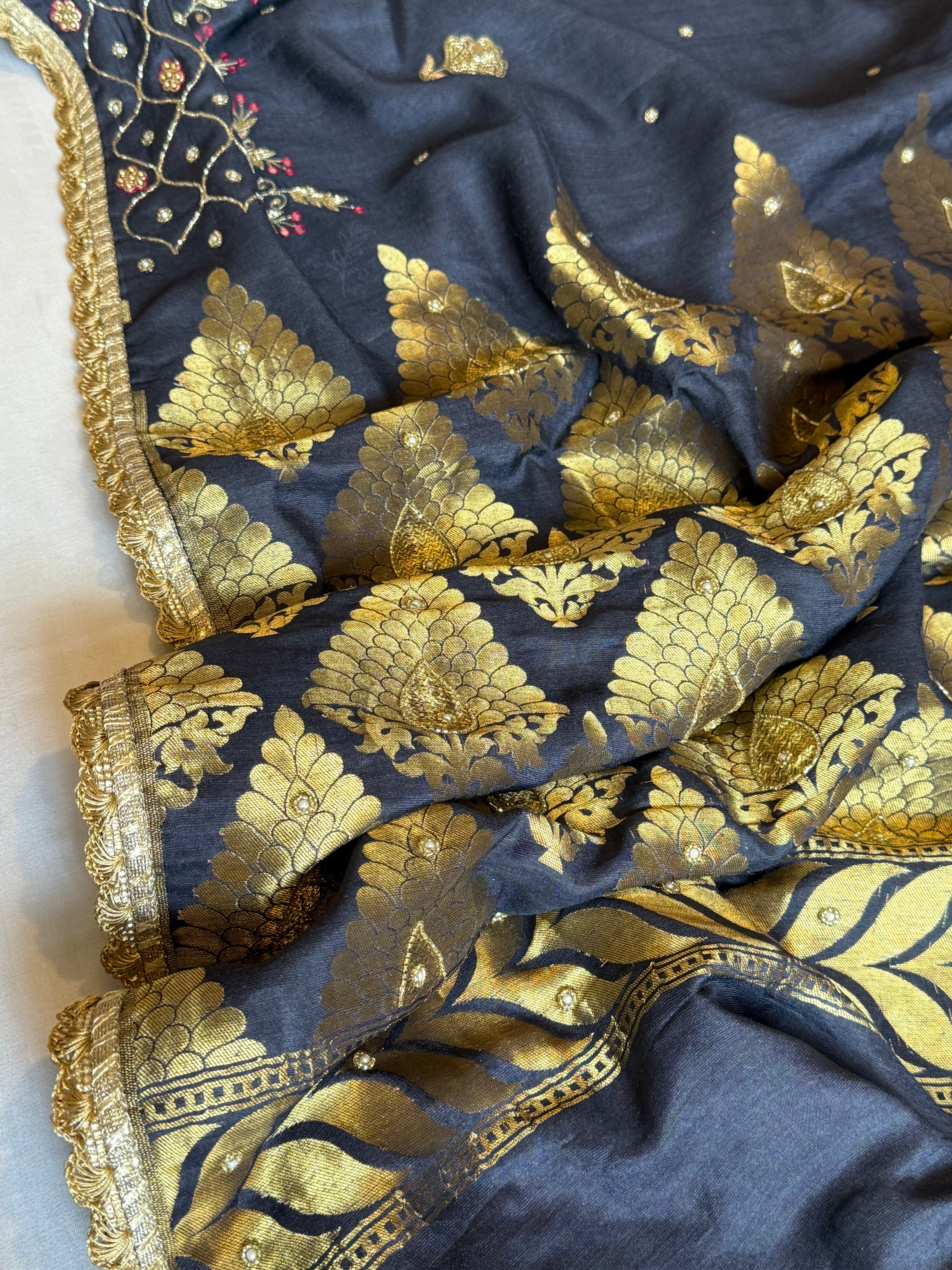 Navy blue moonga tussar silk hand embroidered kadhwa saree