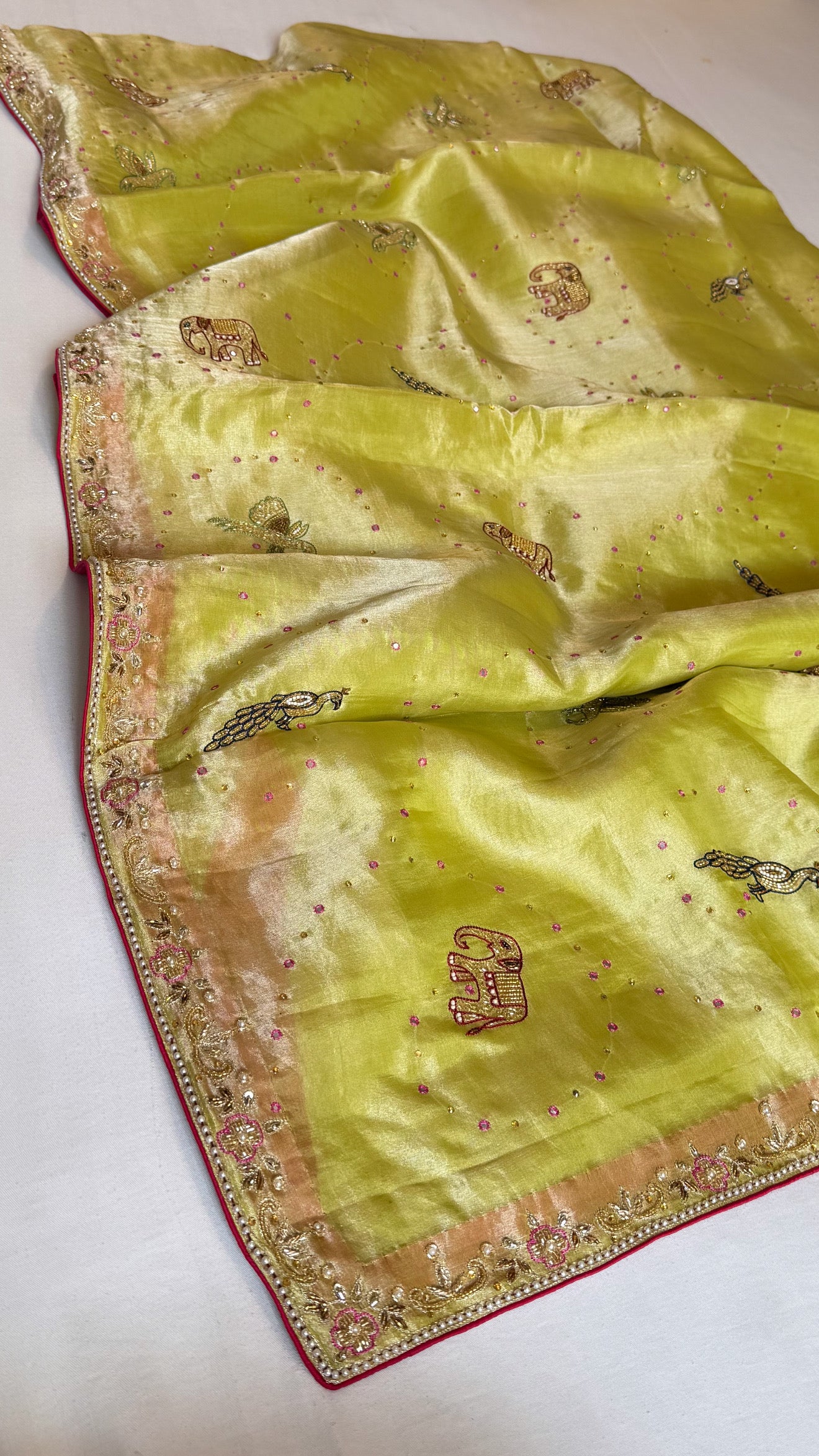 Lime yellow shikarbagh edit tissue silk kadhwa hand embroidered saree