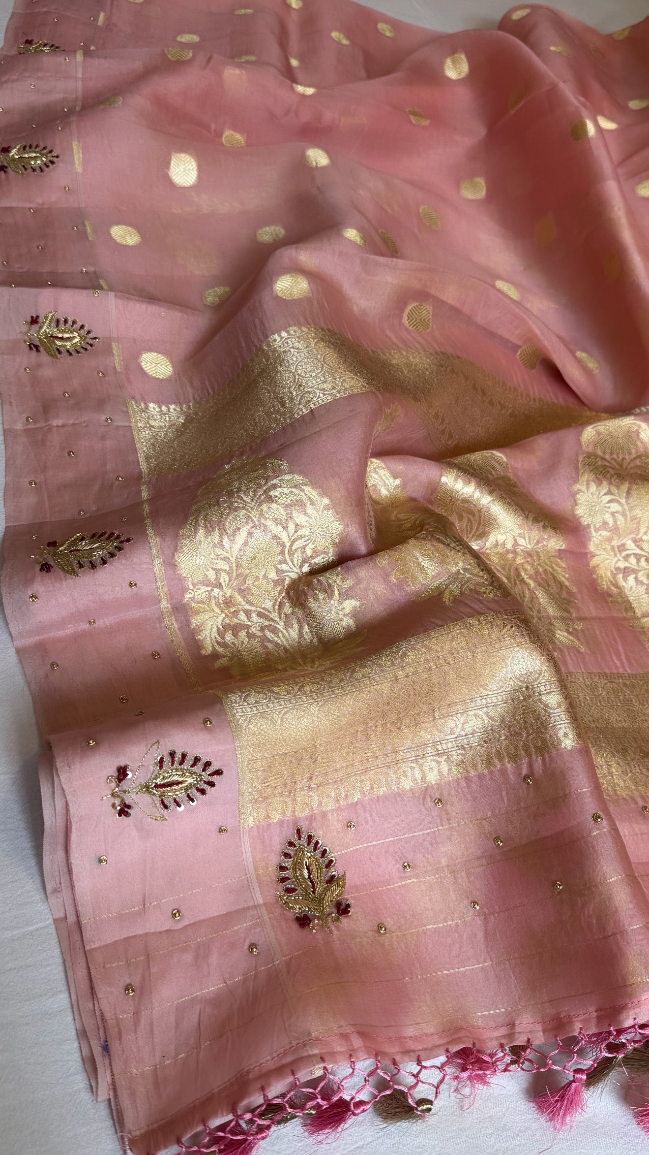 Blush pink banarasi kora silk hand embroidered kadhwa saree