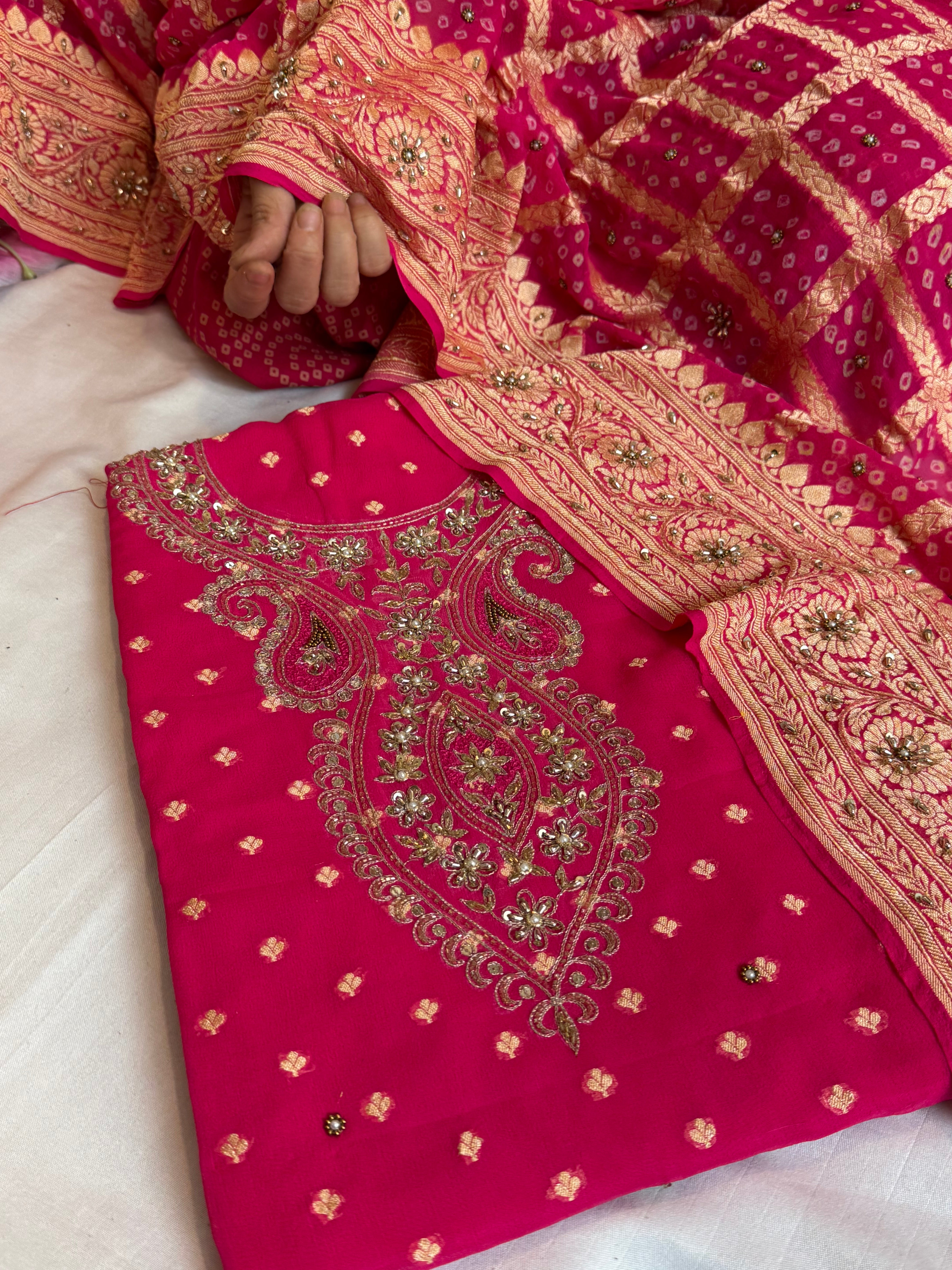 Hot fuschia pink rai bandhej Banarasi gorgette kadhwa hand embroidered suit set