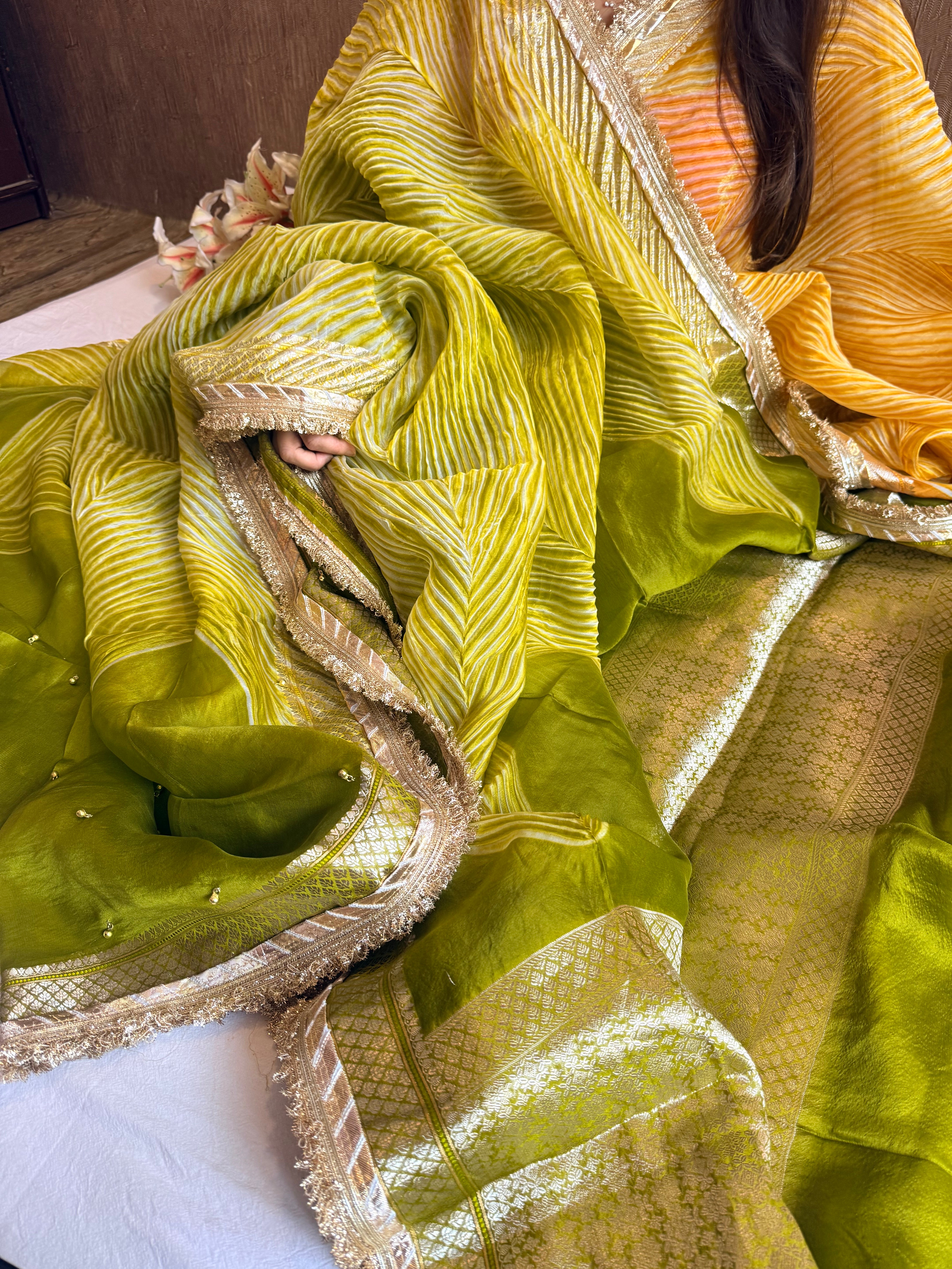 Arshi dye ghungro work kora silk banarasi kadhwa weaving saree