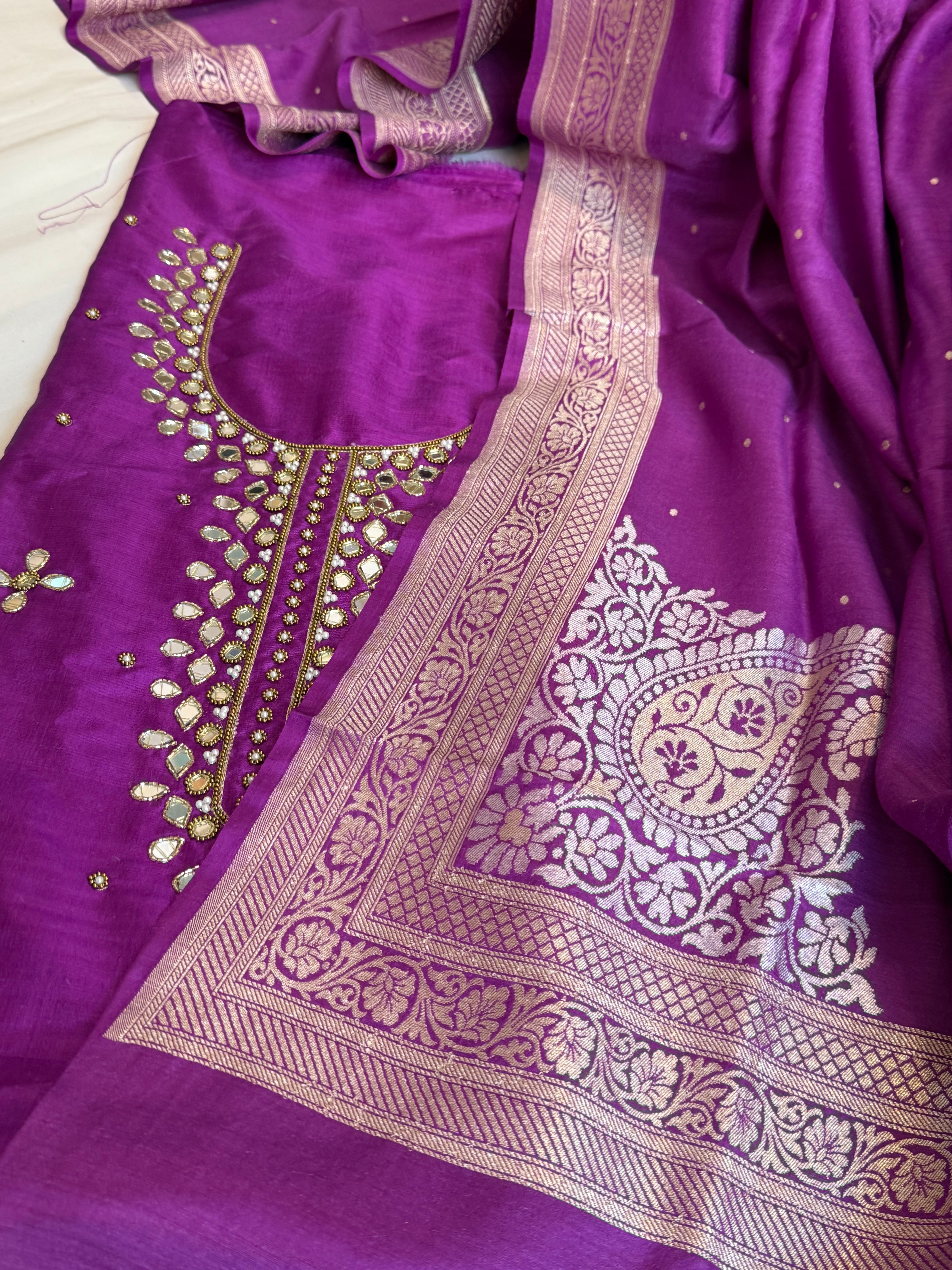 Sheesham deep purple mirror work hand embroidered katan silk kadhwa suit set