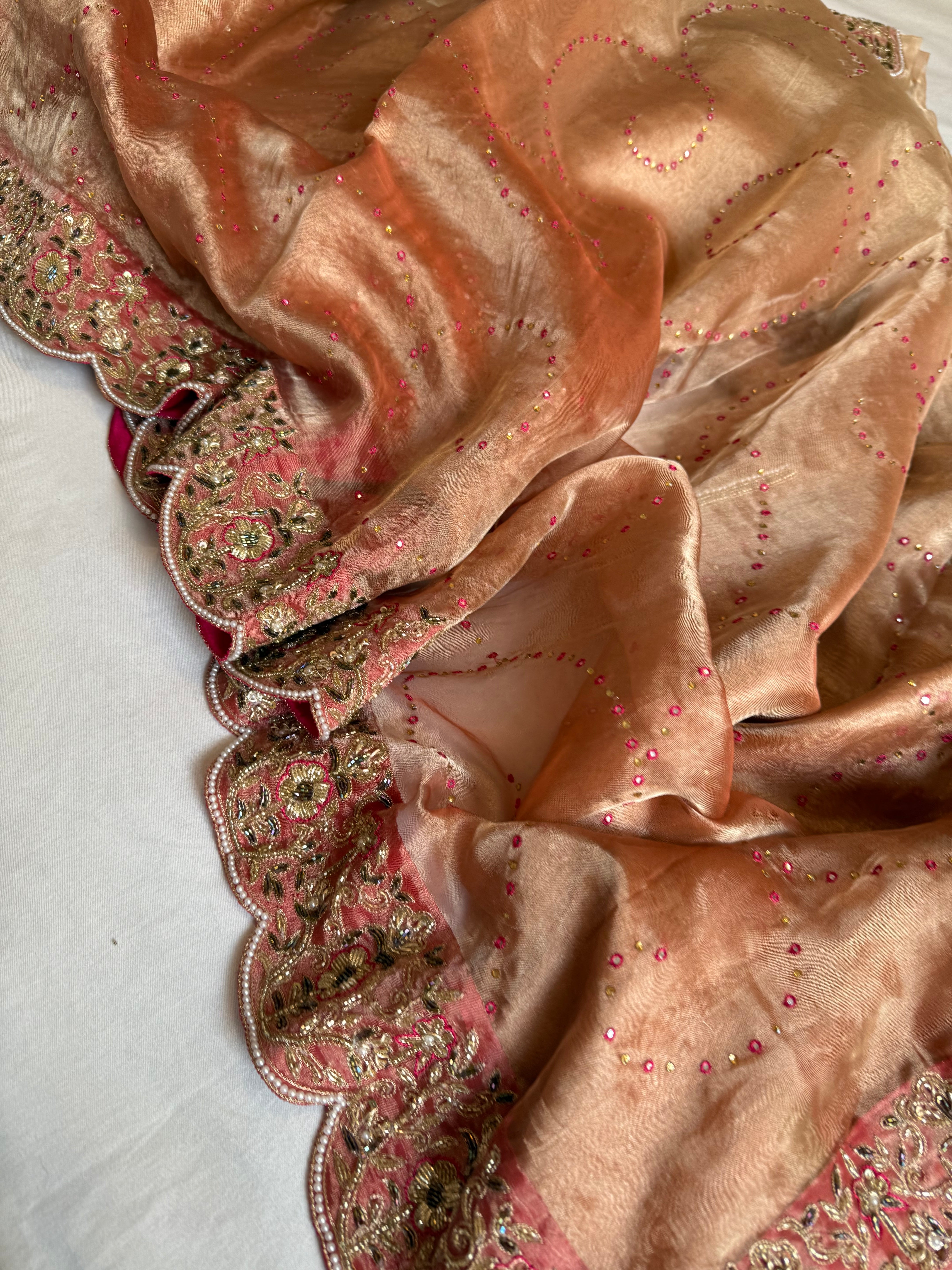 Umrao jaan inspired double diamond tissue silk zardozi work hand embroidered saree