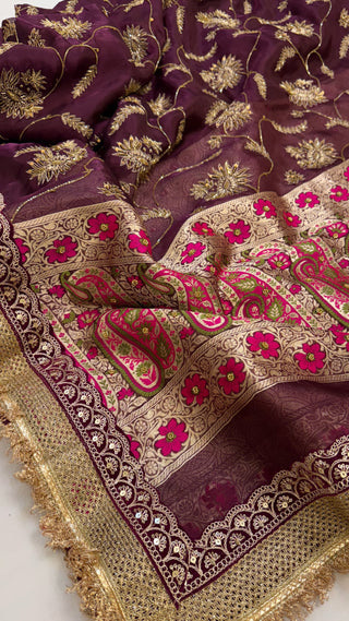 Husn shadi wali saree - Midnight purple husn tissue silk heavy jaal hand embroidered saree