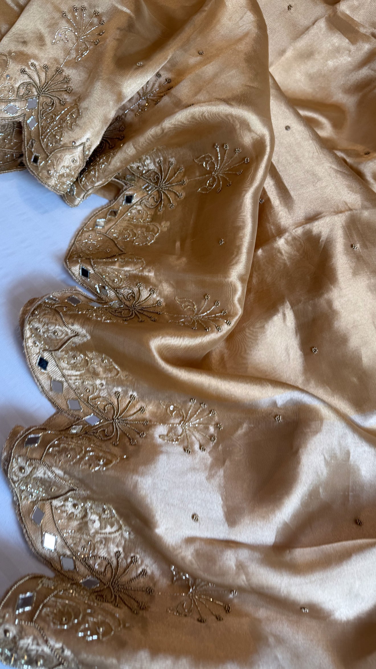 Husn champagne gold tissue silk heavy hand embroidered saree