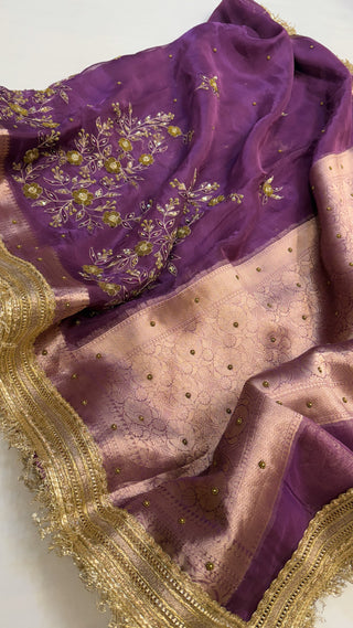 Husn shadi wali saree - Soft violet husn tissue silk heavy hand embroidered saree