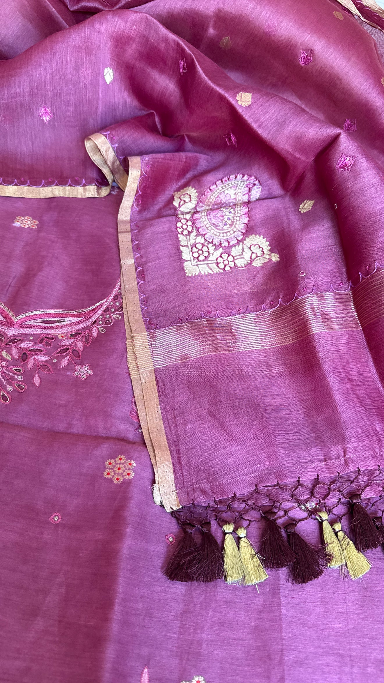 Bright lavender resham thread hand embroidered linen gorgette suit set