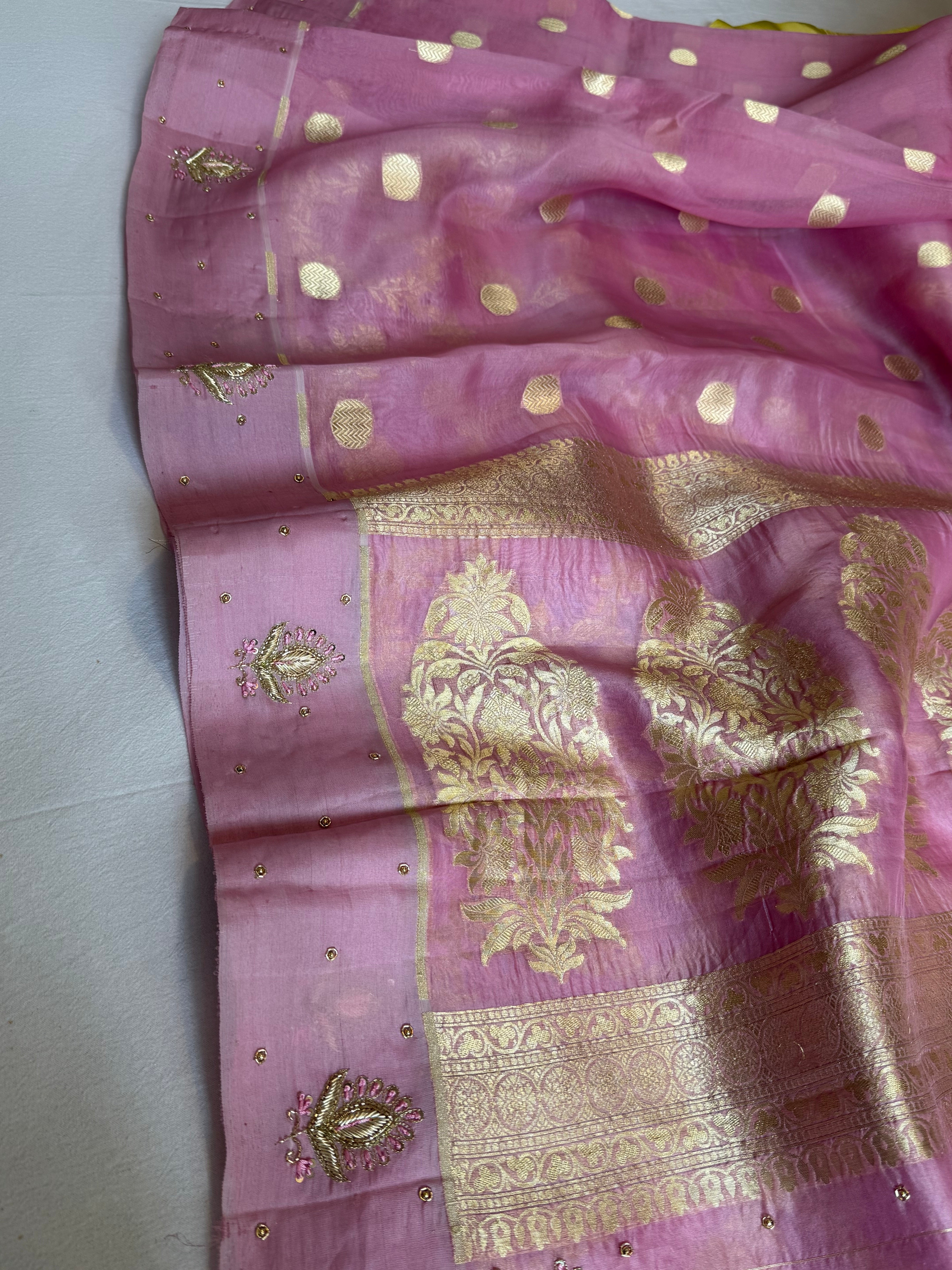 Blush pink banarasi kora silk kadhwa hand embroidered