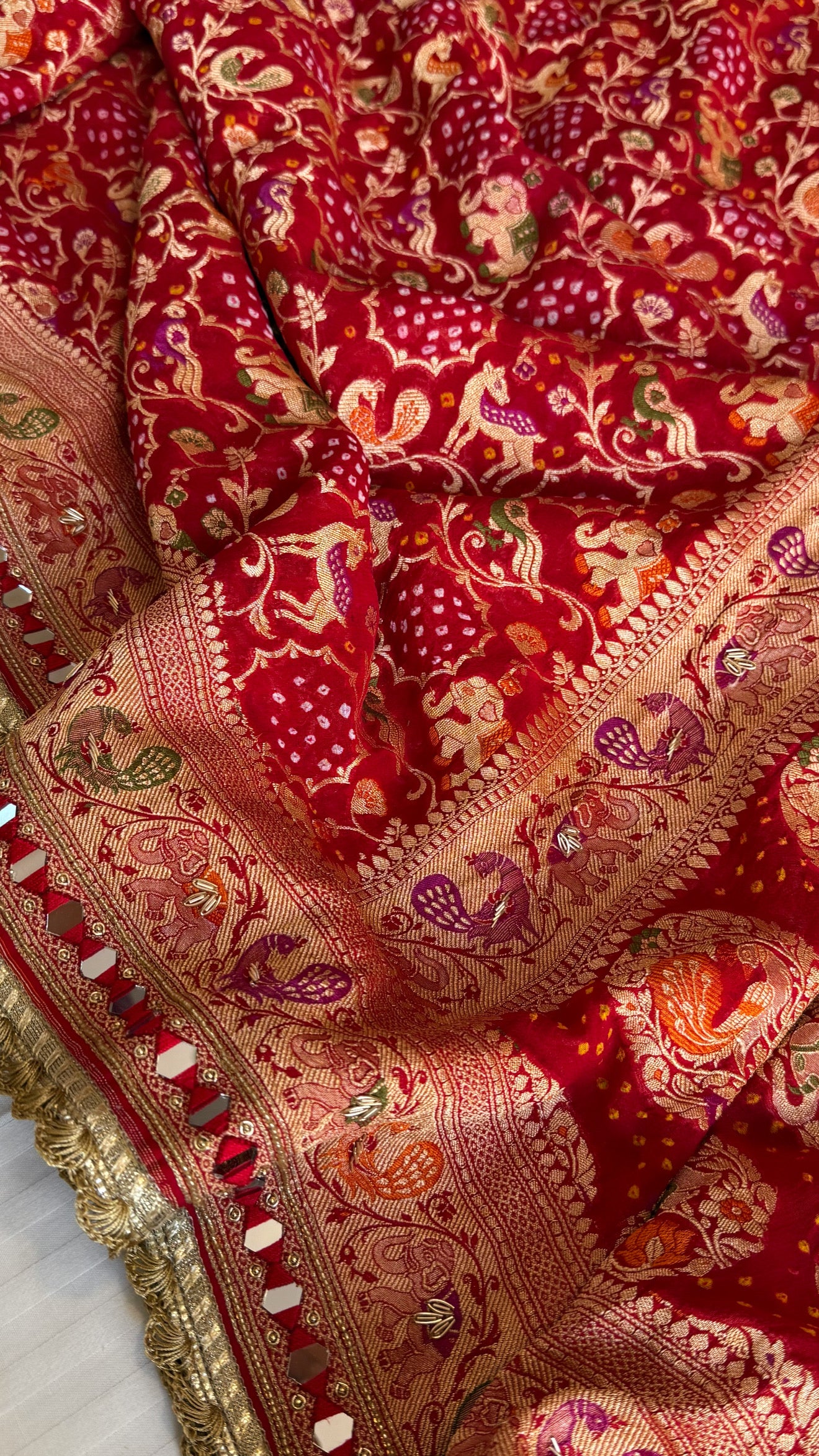 Mirror work shikargah motif hand embroidered banarasi bandhej saree