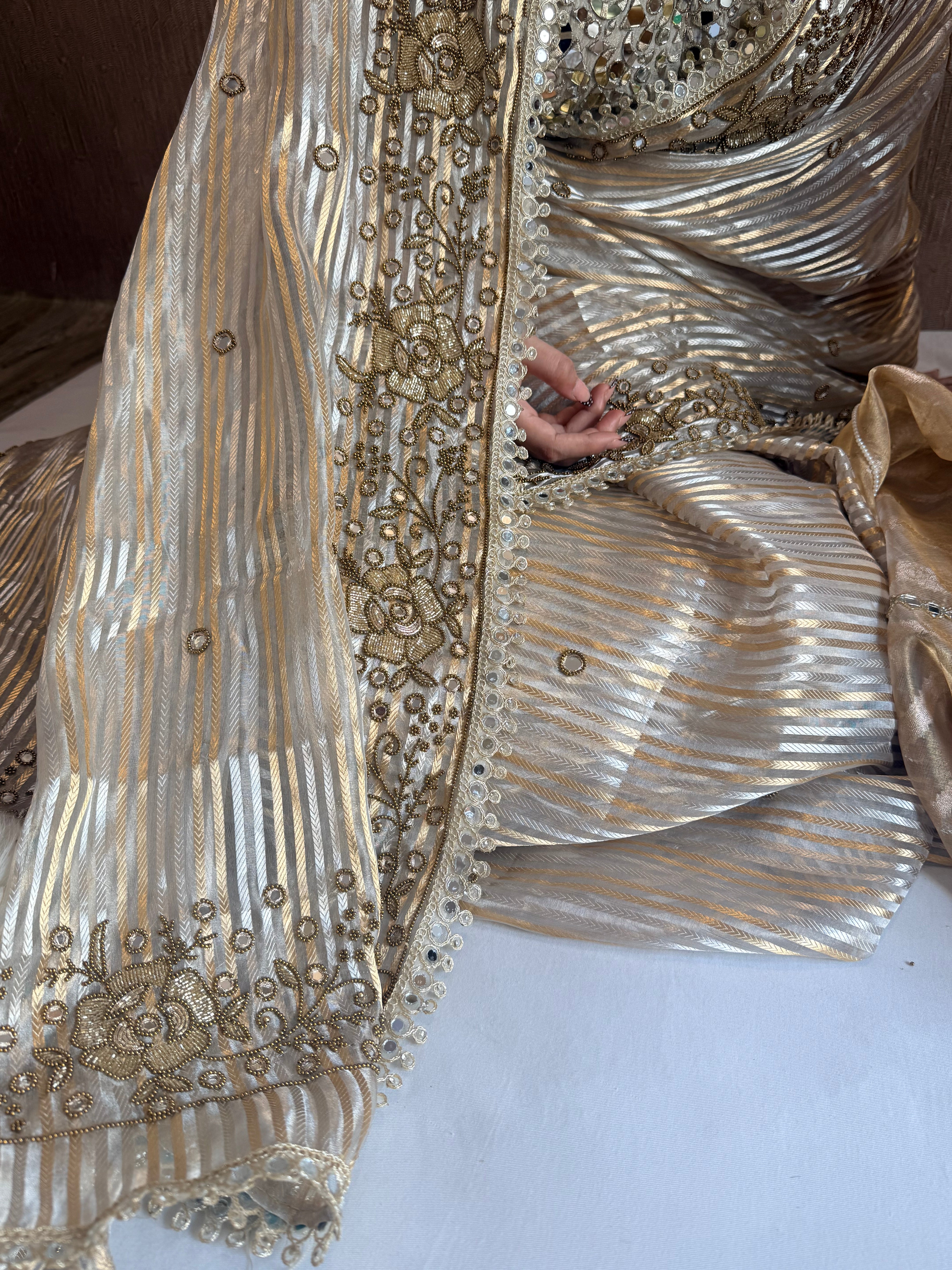 Butter gold sona rupa striped tissue silk hand embroidered saree