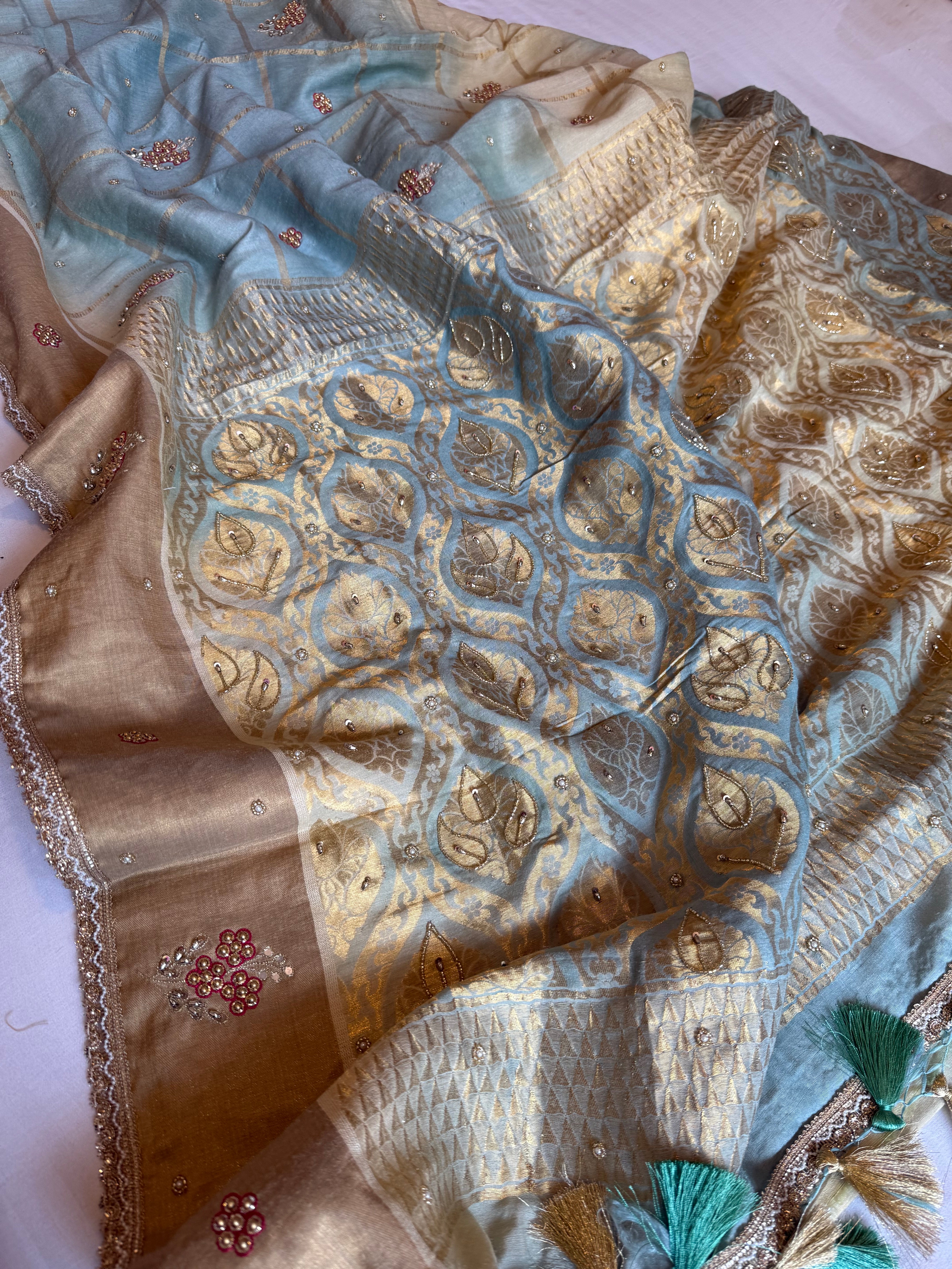Ice blue ombre shaded moonga tussar silk kadhwa hand embroidered saree