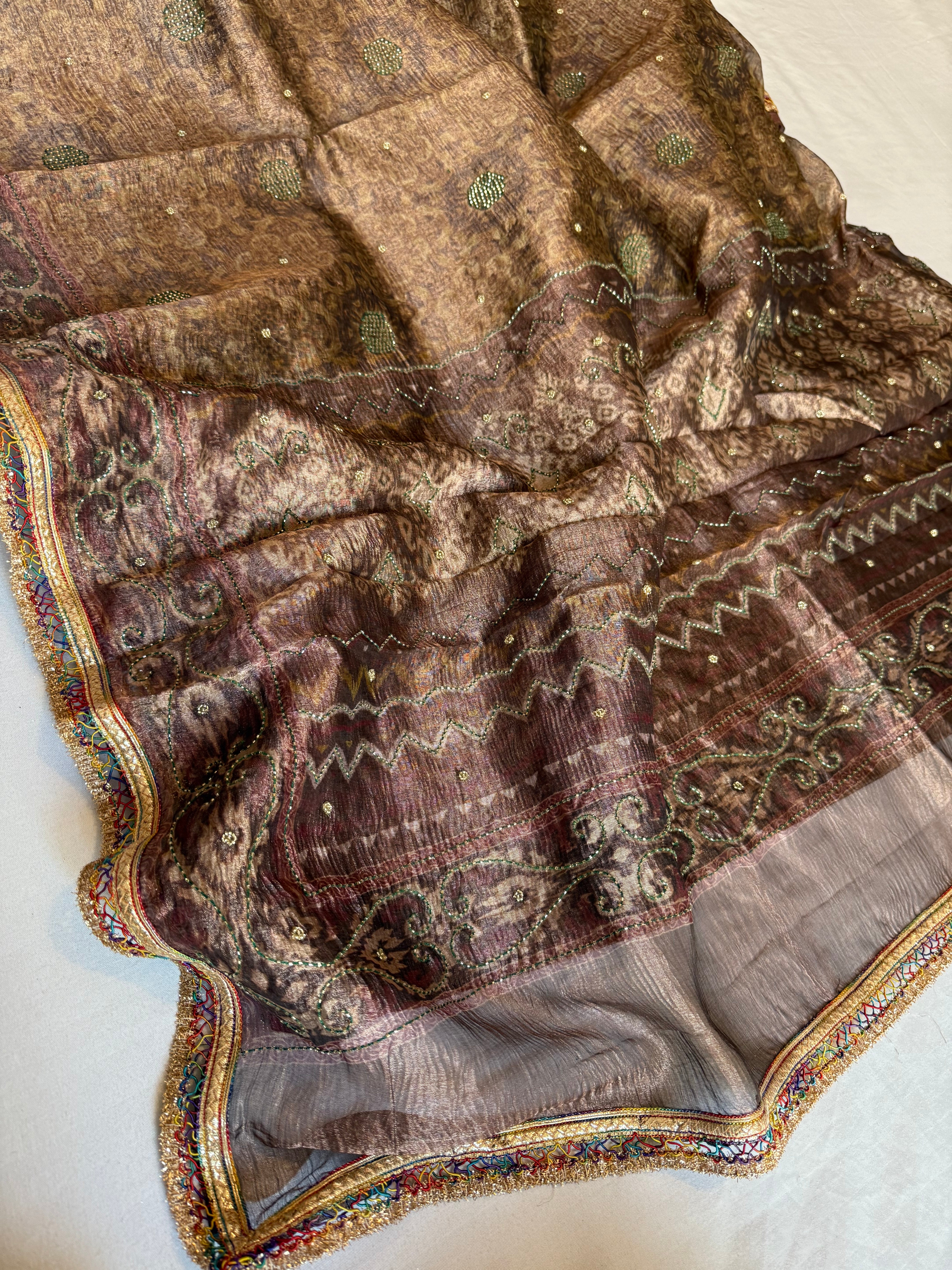 Printed tissue silk heavy hand embroidered kadhwa gotapatti saree