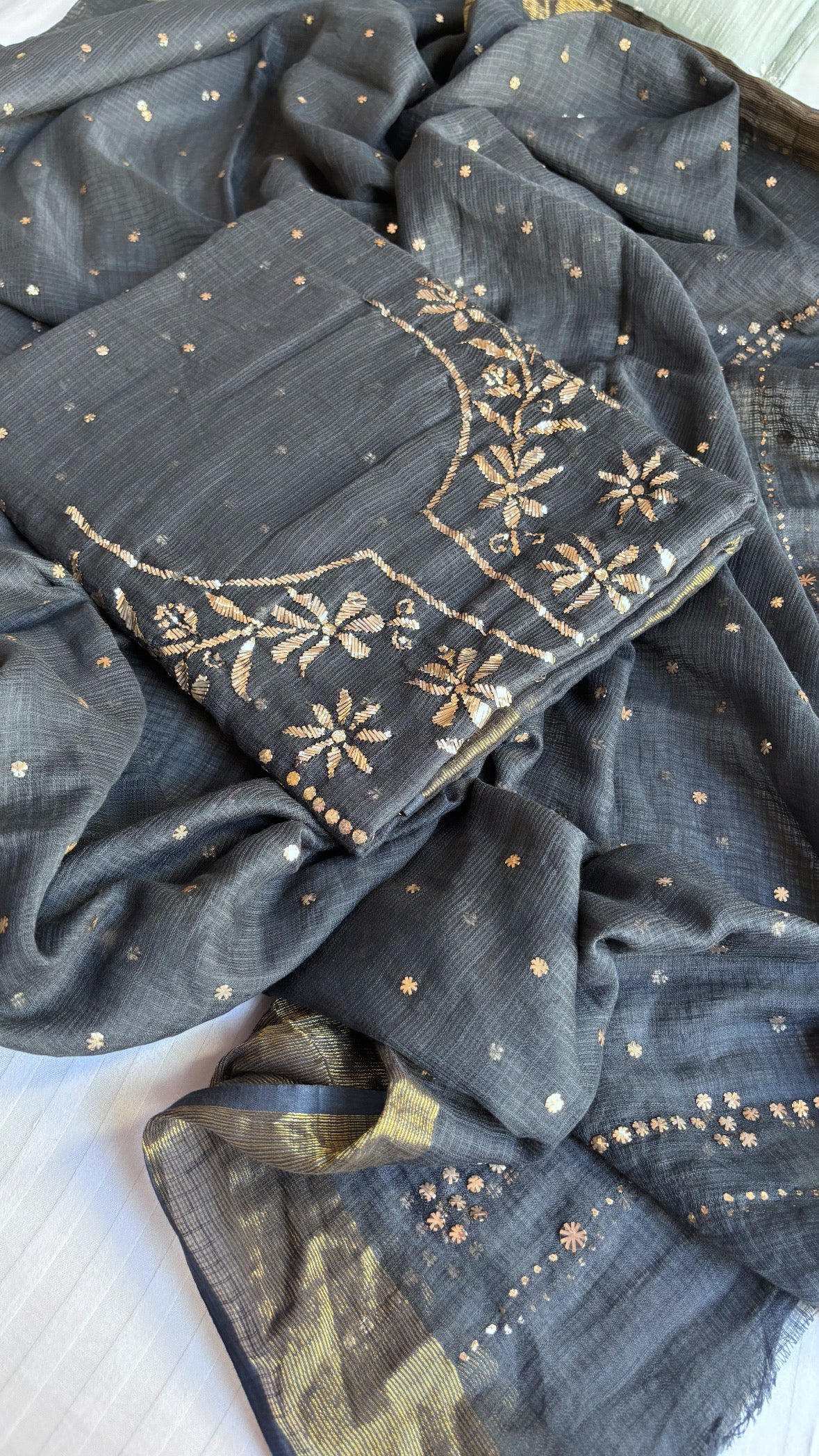 Pure banarasi kota black mukaish hand embroidered suit set