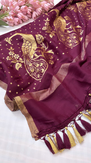 Moonga silk garnet red peacock duppata