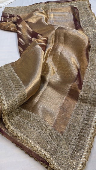 Maharani chocolate brown tissue silk kadhwa buti saree