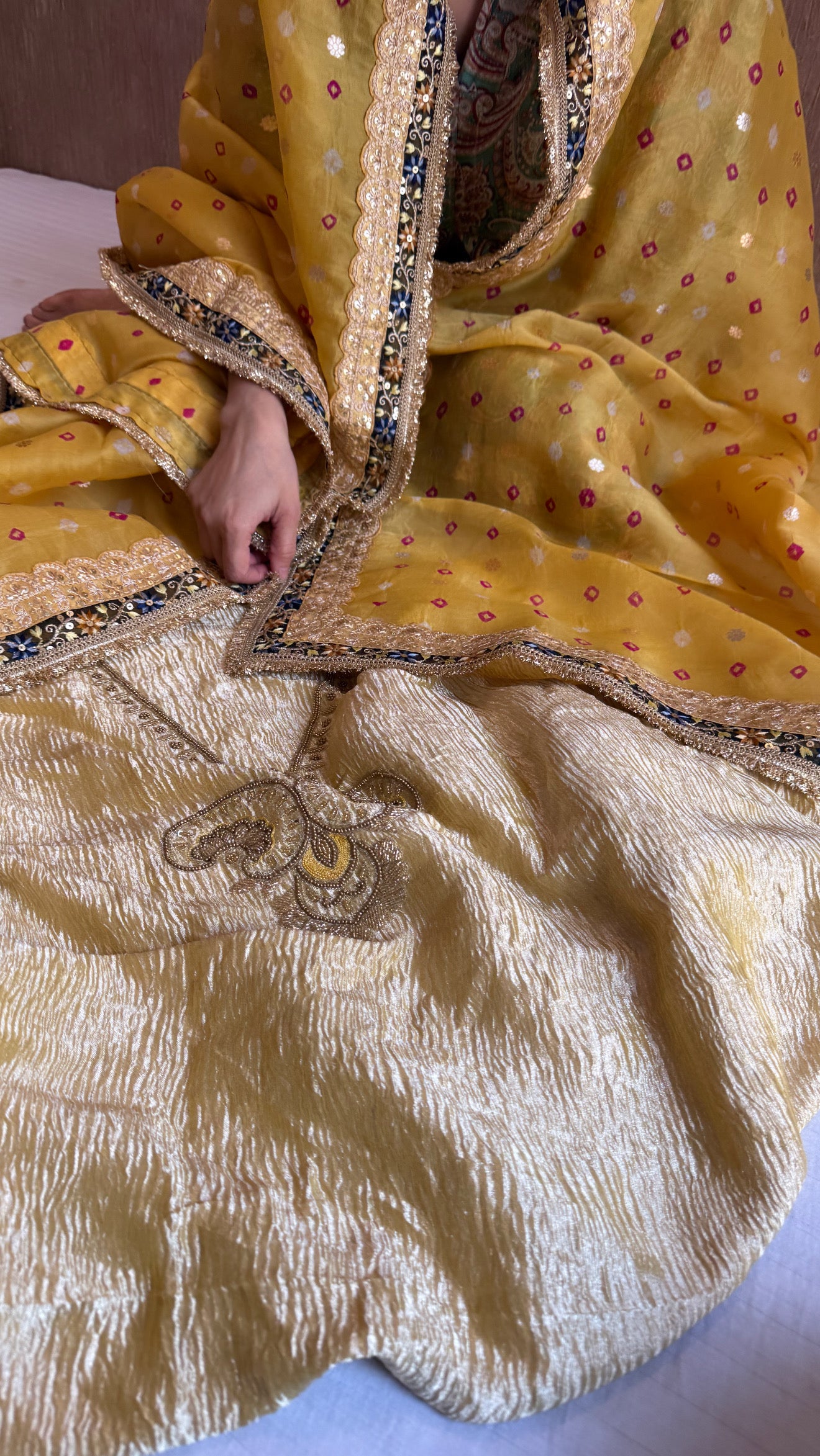 Golden diamond crushed tissue silk hand embroidered suit set