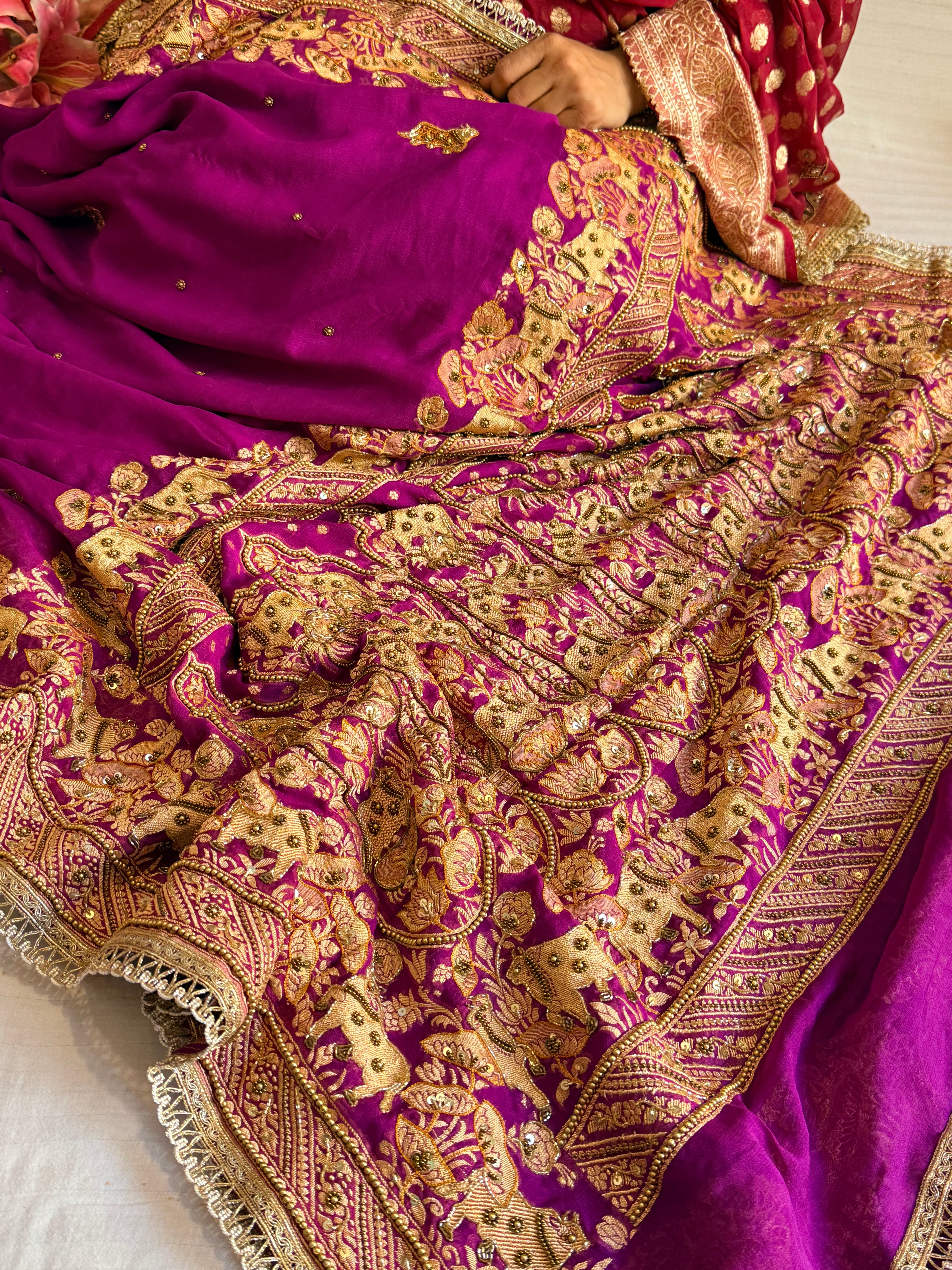 Banarasi chiffon gorgette purple hand embroidered kadhwa saree