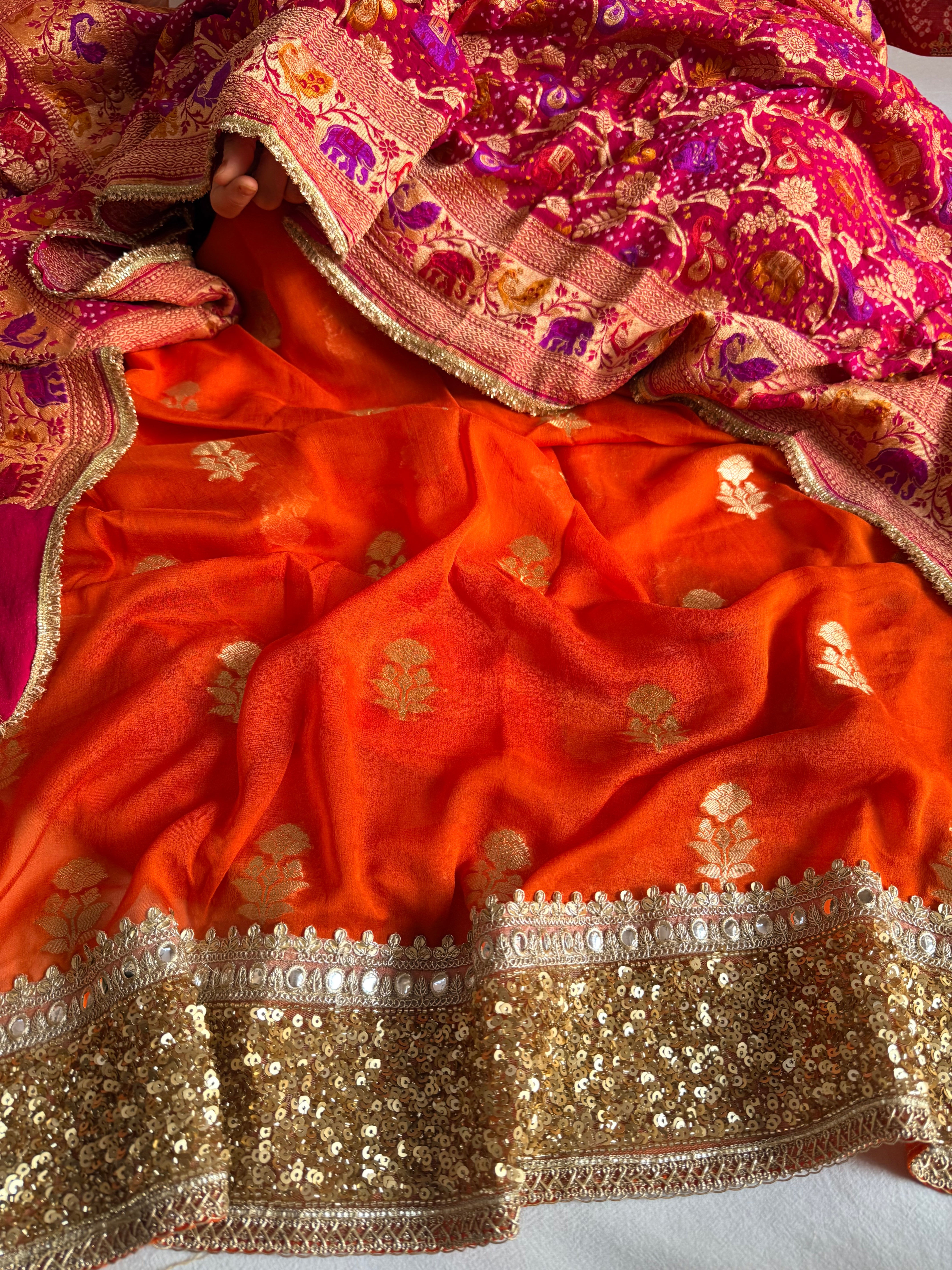 Rai bandhej chiffon gorgette sequin work hand embroidered suit set