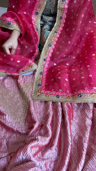 Hot pink diamond crushed tissue silk hand embroidered suit set