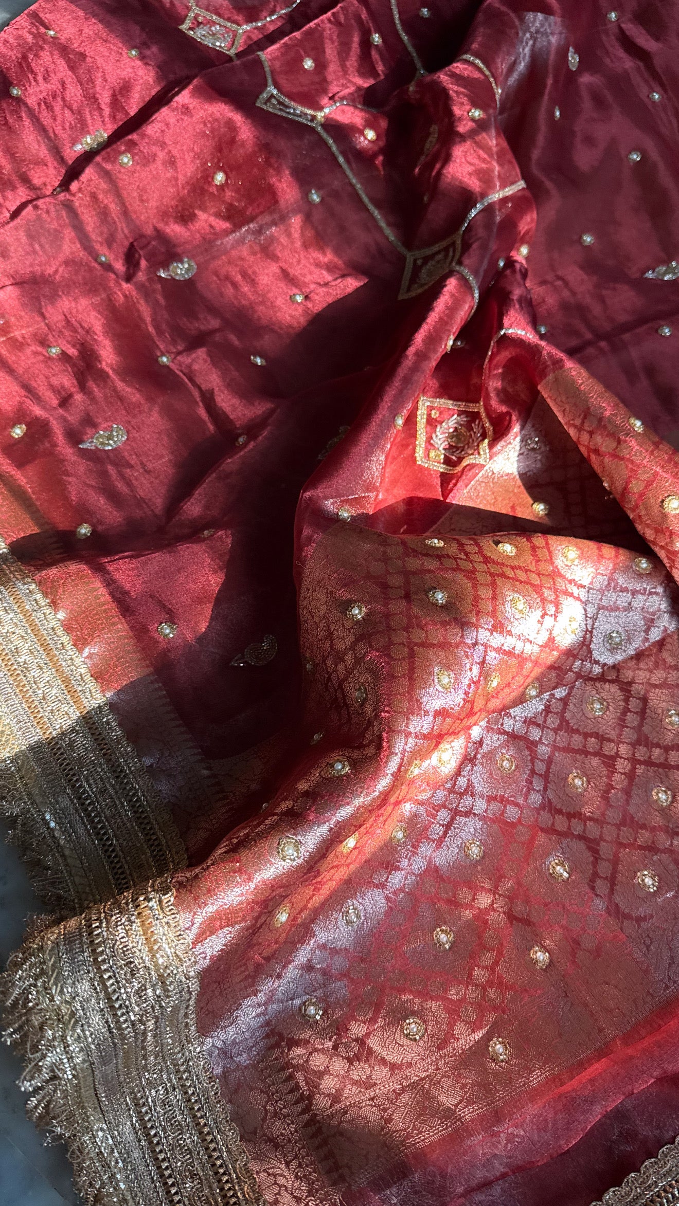 Teej special - Husn brick red tissue silk hand embroidered kadhwa saree