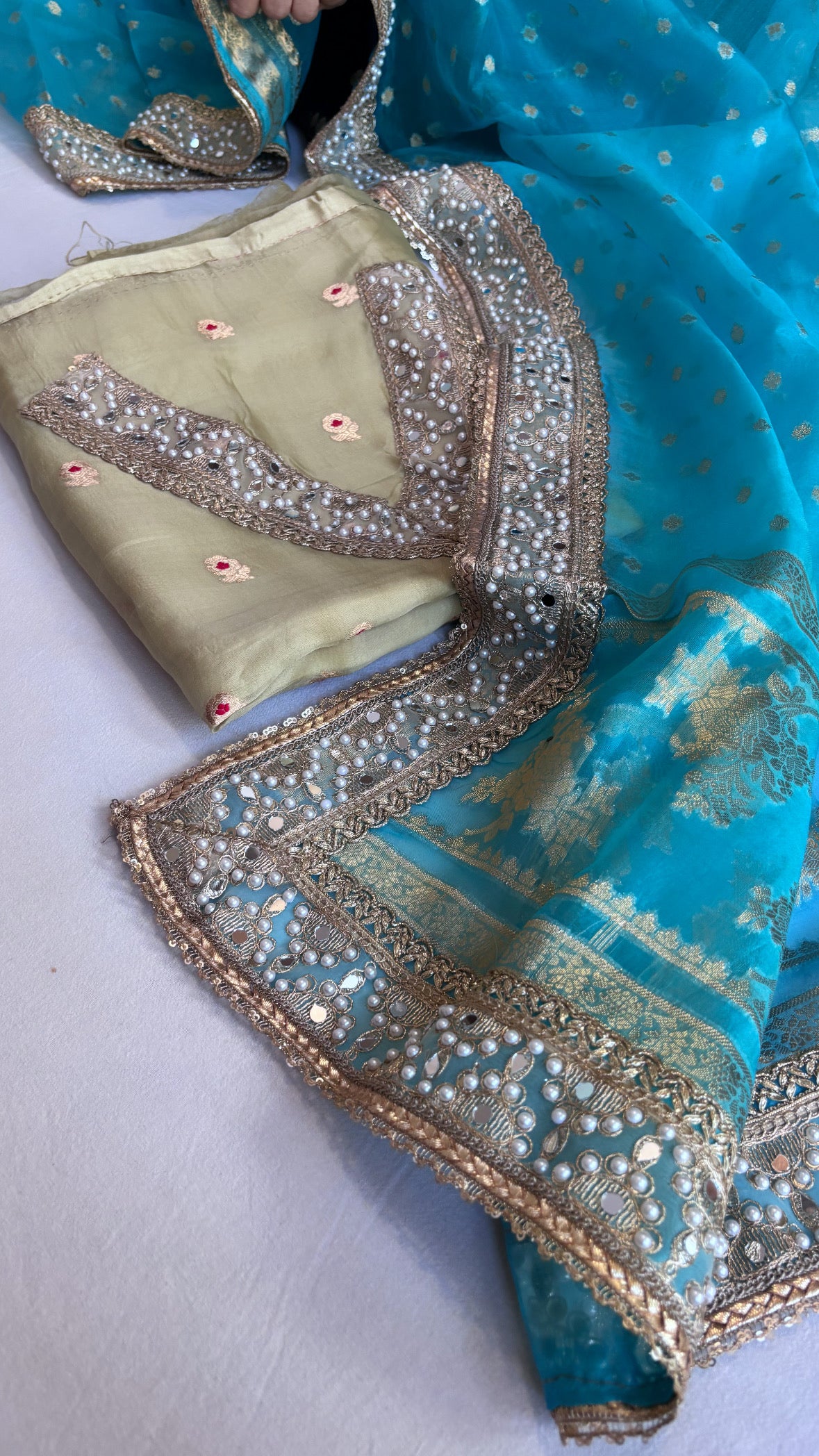 Banarasi kora silk lime yellow-firozi blue gotapatti combination suit sets