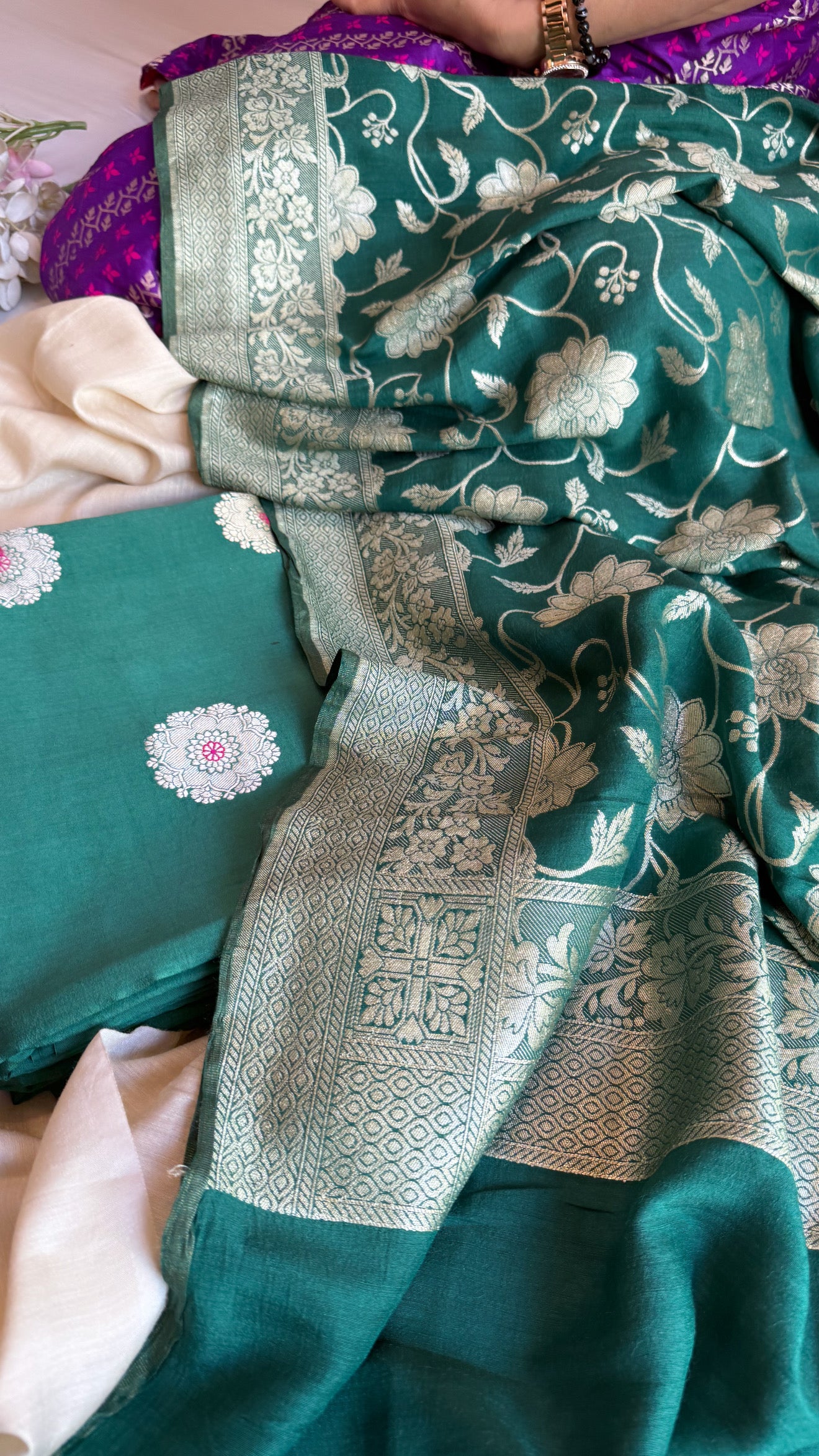 Bottle green moonga silk jaal duppata and chiniya silk meenakari kurta suit set