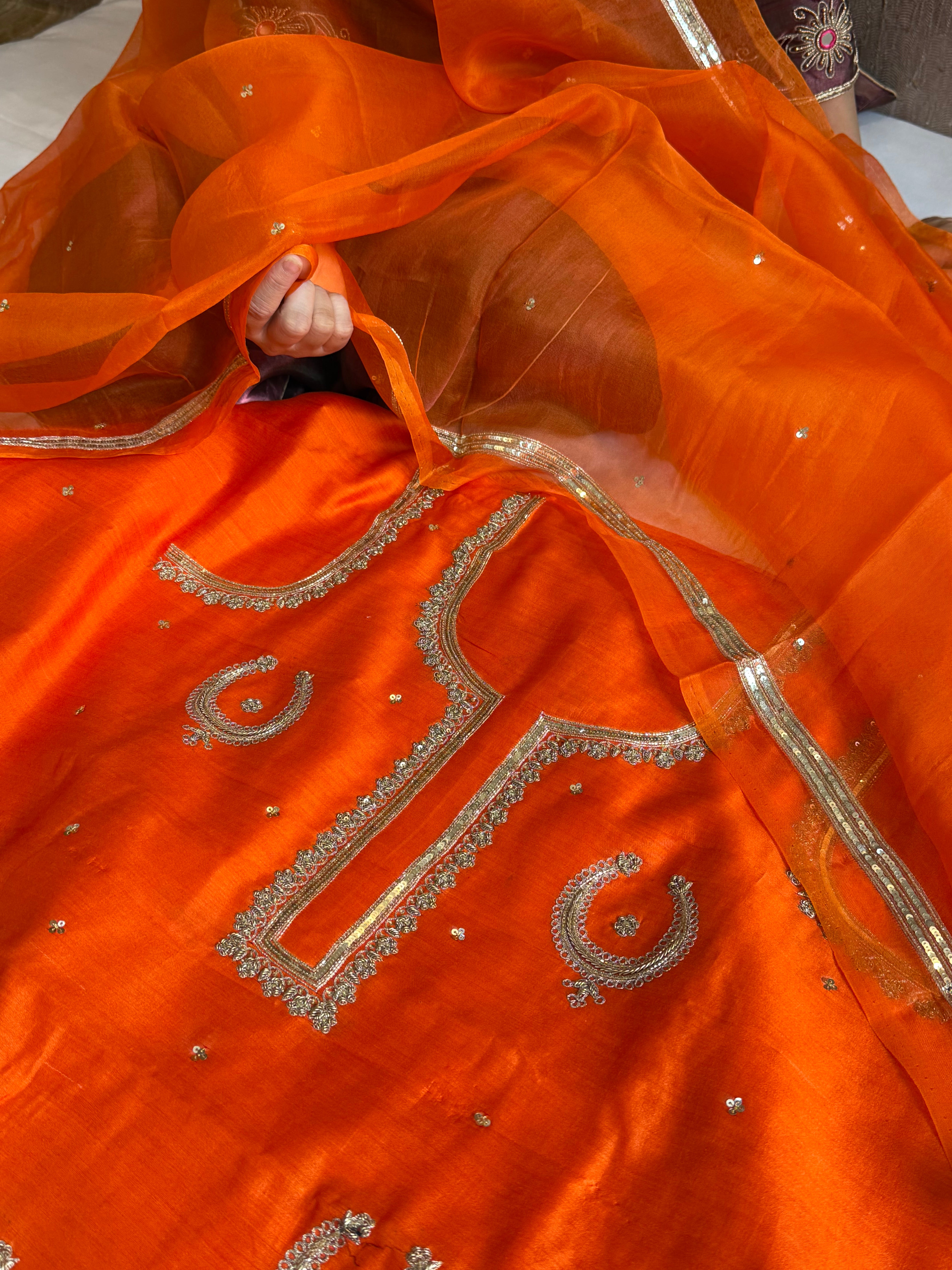 Fanta orange chand-buta chiniya silk kadhwa hand embroidered kurta paired with kora silk hand embroidered duppata set