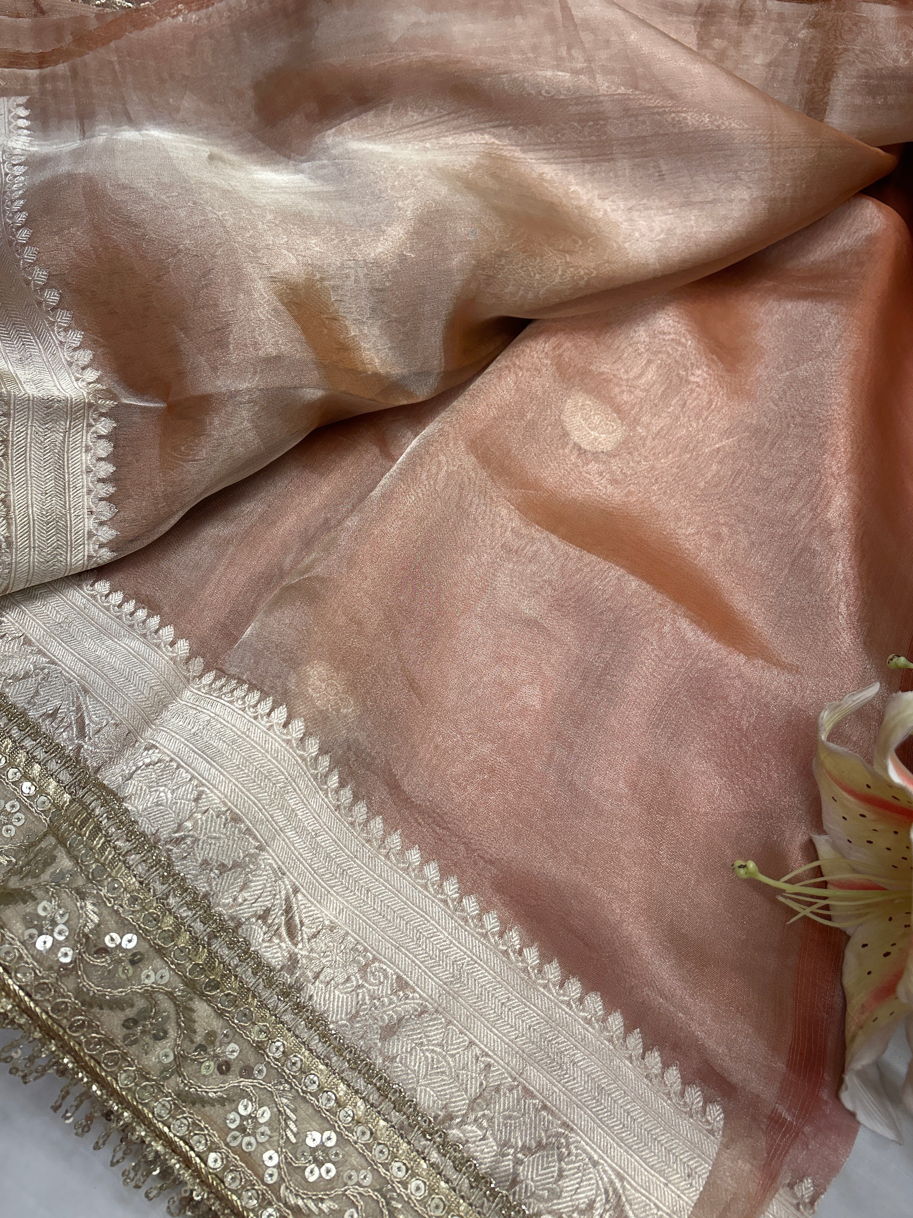 Tissue silk chand buta contrast border saree