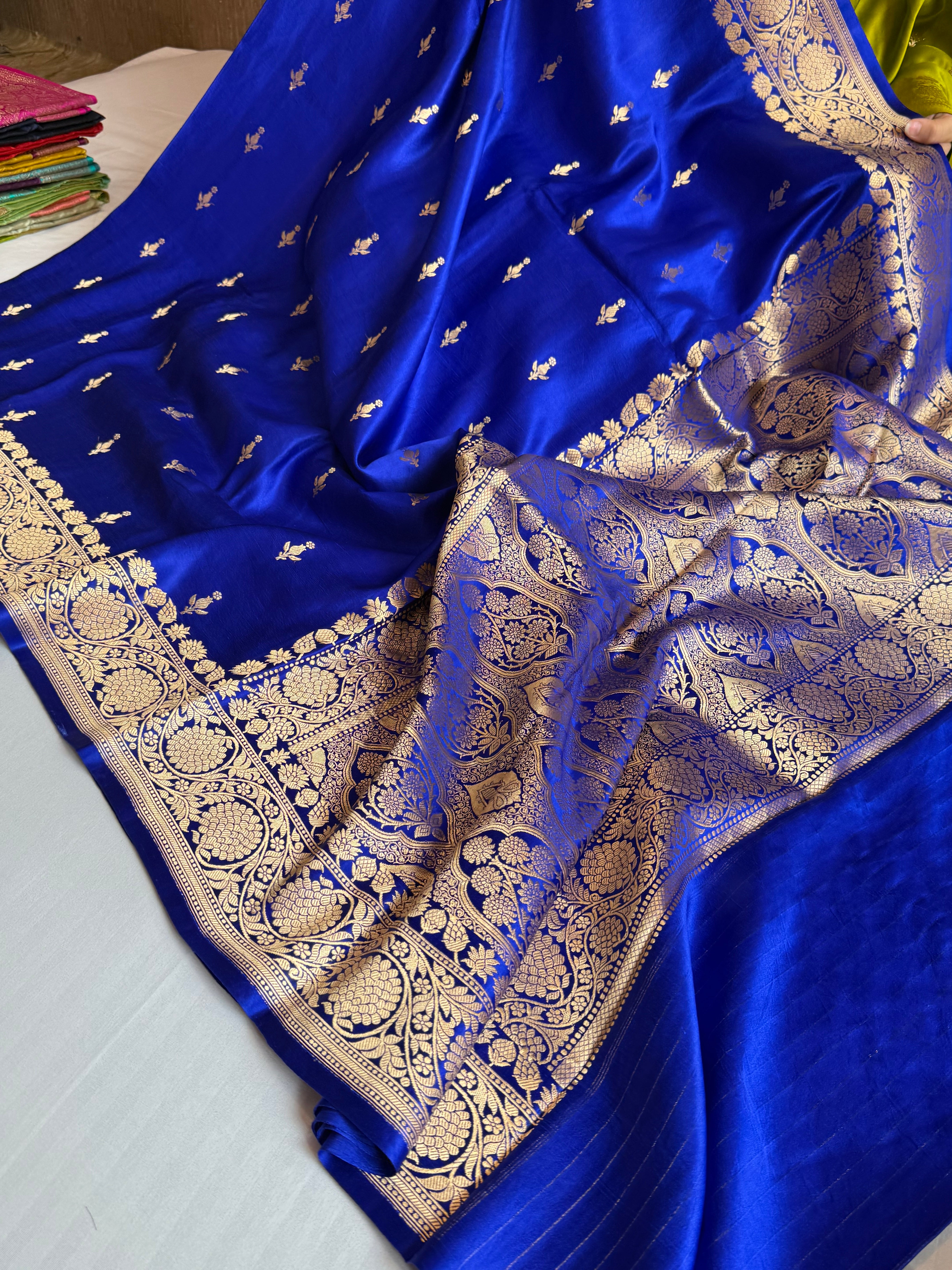 Ink blue banarasi mashru silk kadhwa buti saree