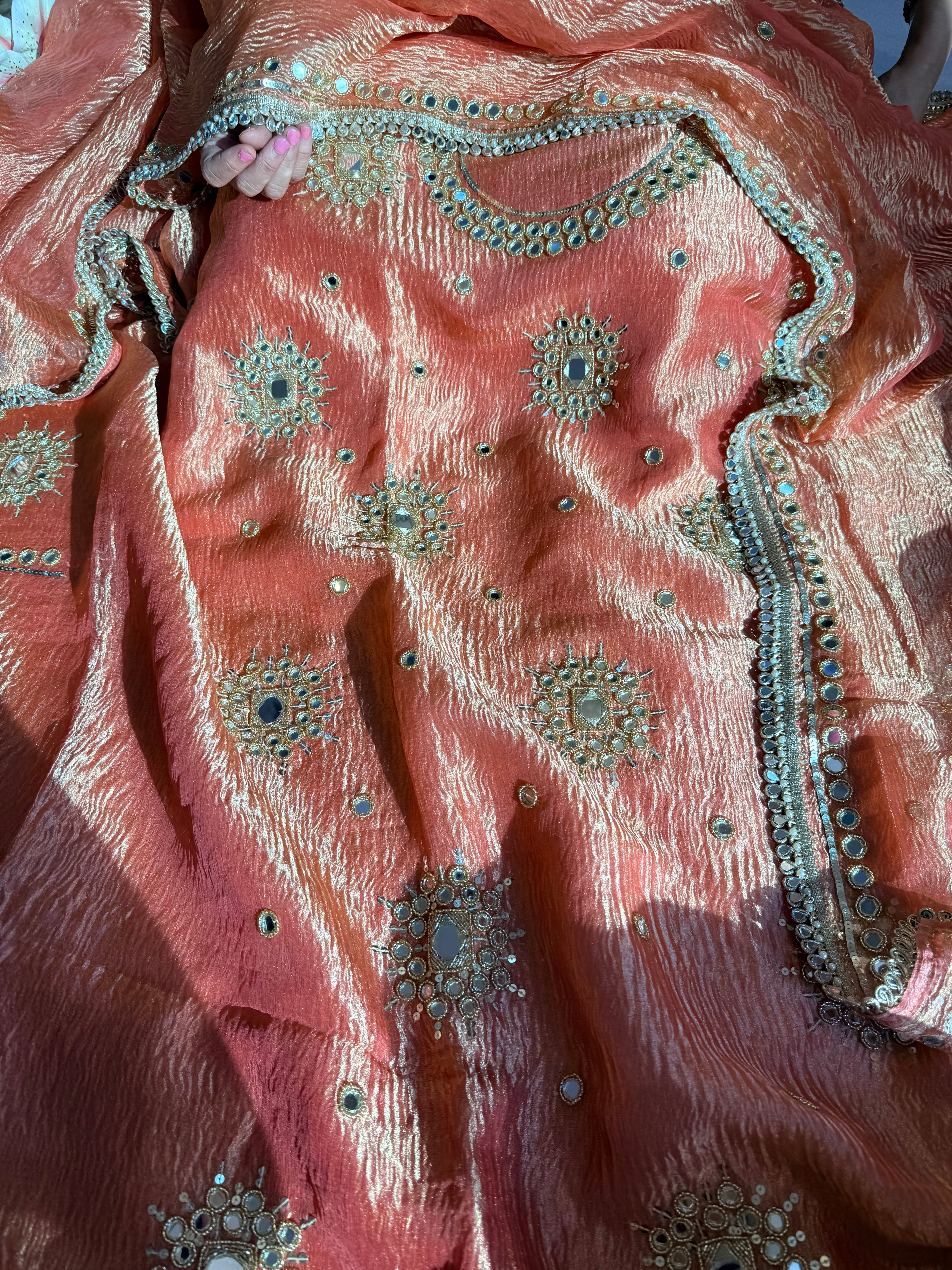 Banarasi tissue silk mirrorwork hand embroidered crushed suit sets