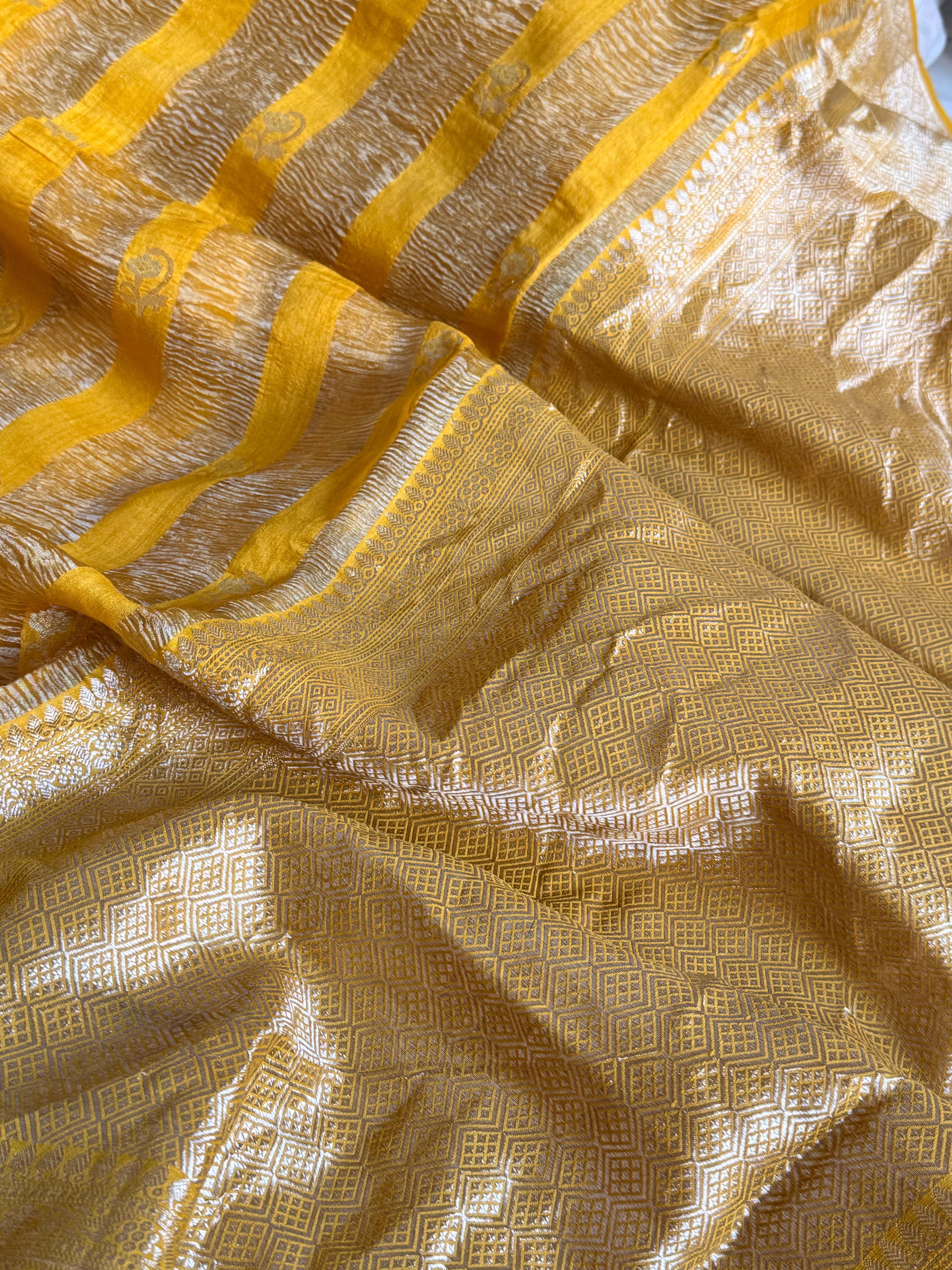 Below 10k - Crushed raw mango silk and tissue silk kadhwa border saree