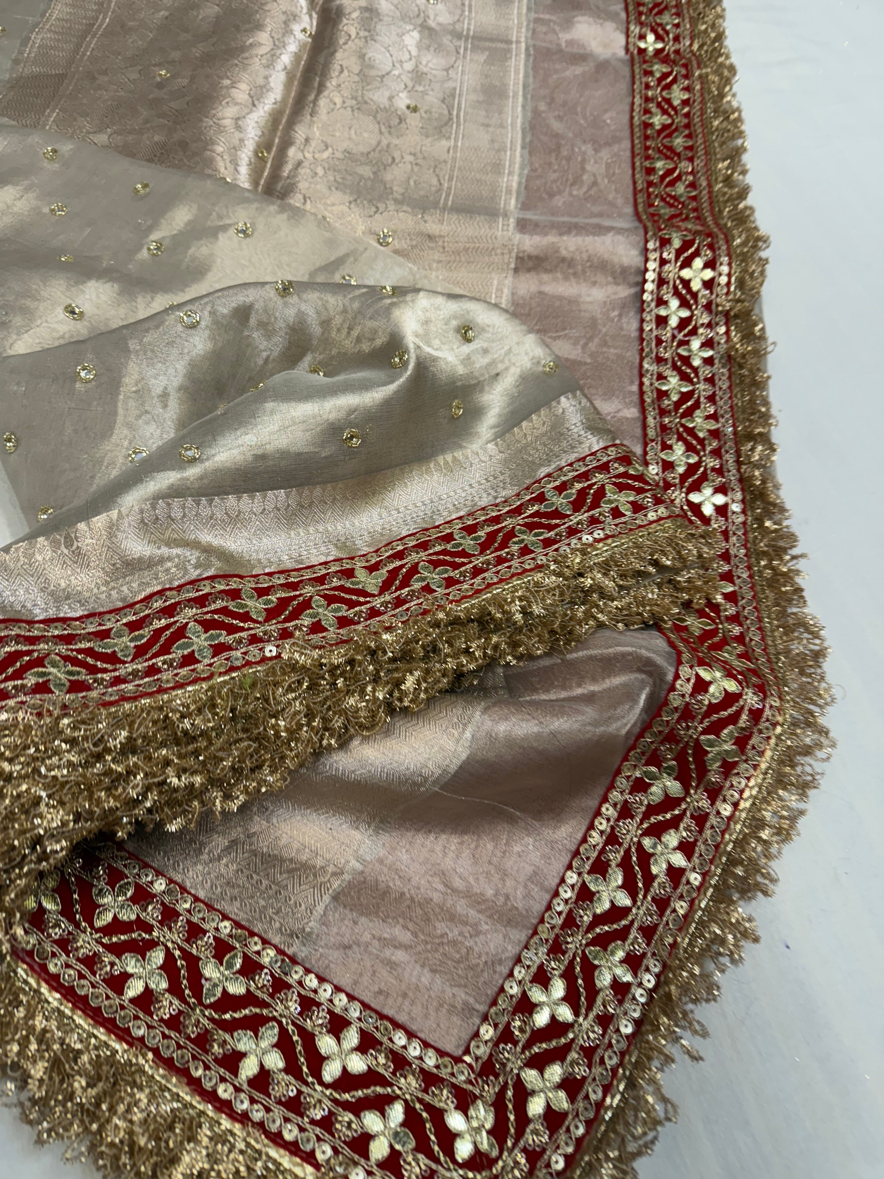 Diamond tissue silk chunri buti hand embroidered panetar saree