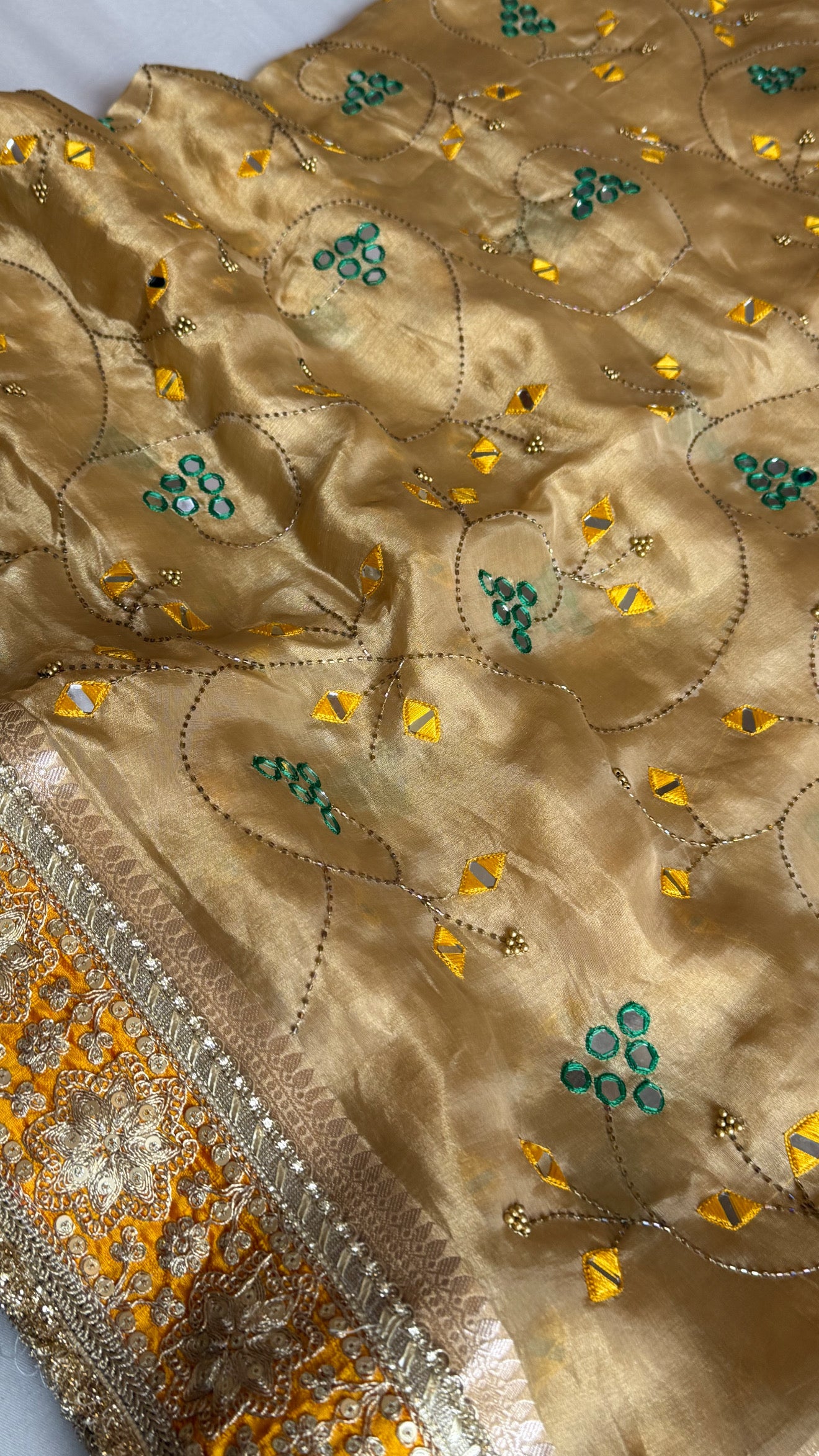 Sheesham edit - Heavy double tissue silk mirror work hand embroidered saree