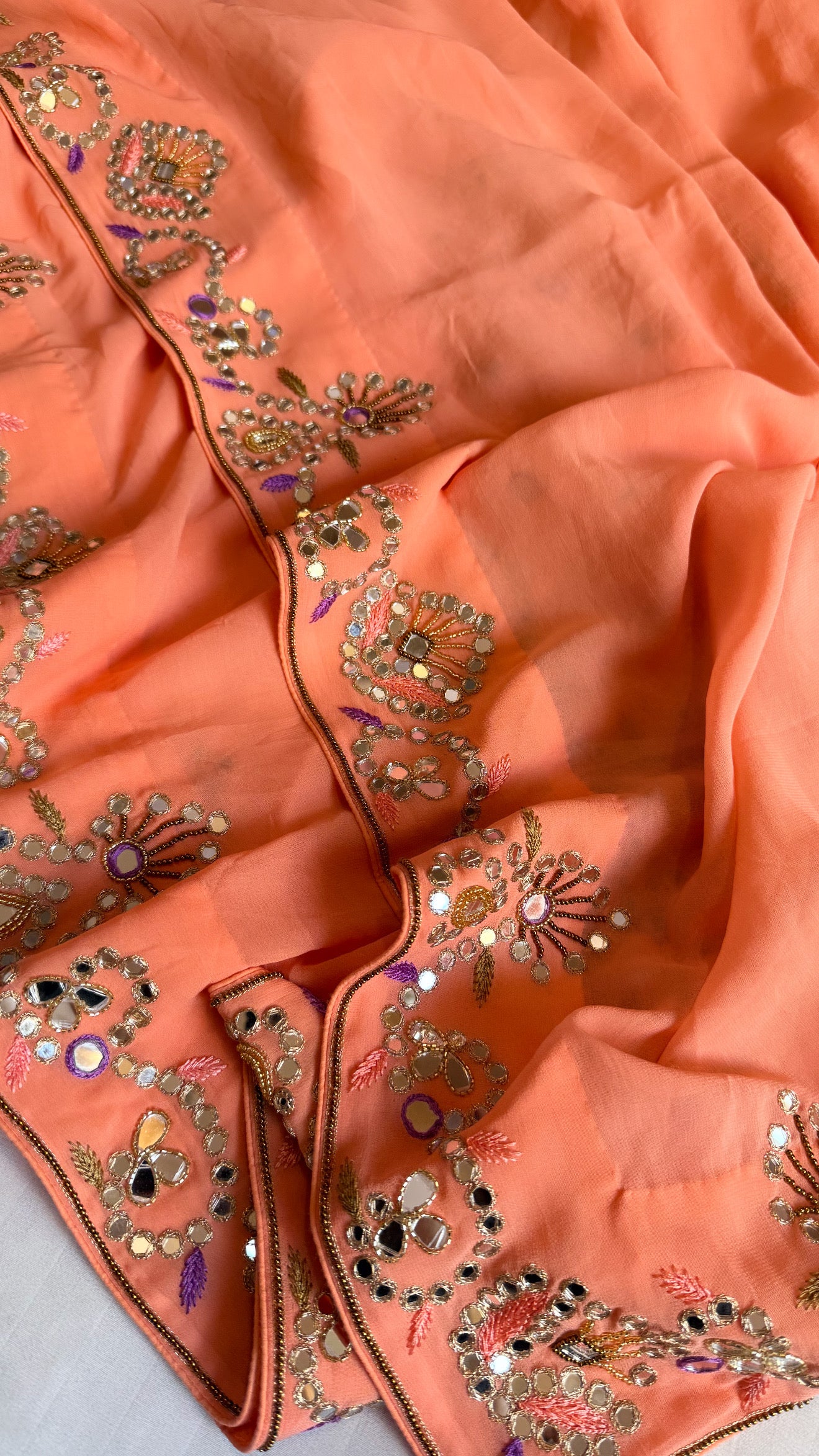 Mother’s Day offer - Peachy orange chiffon gorgette mirrorwork hand embroidered sarees