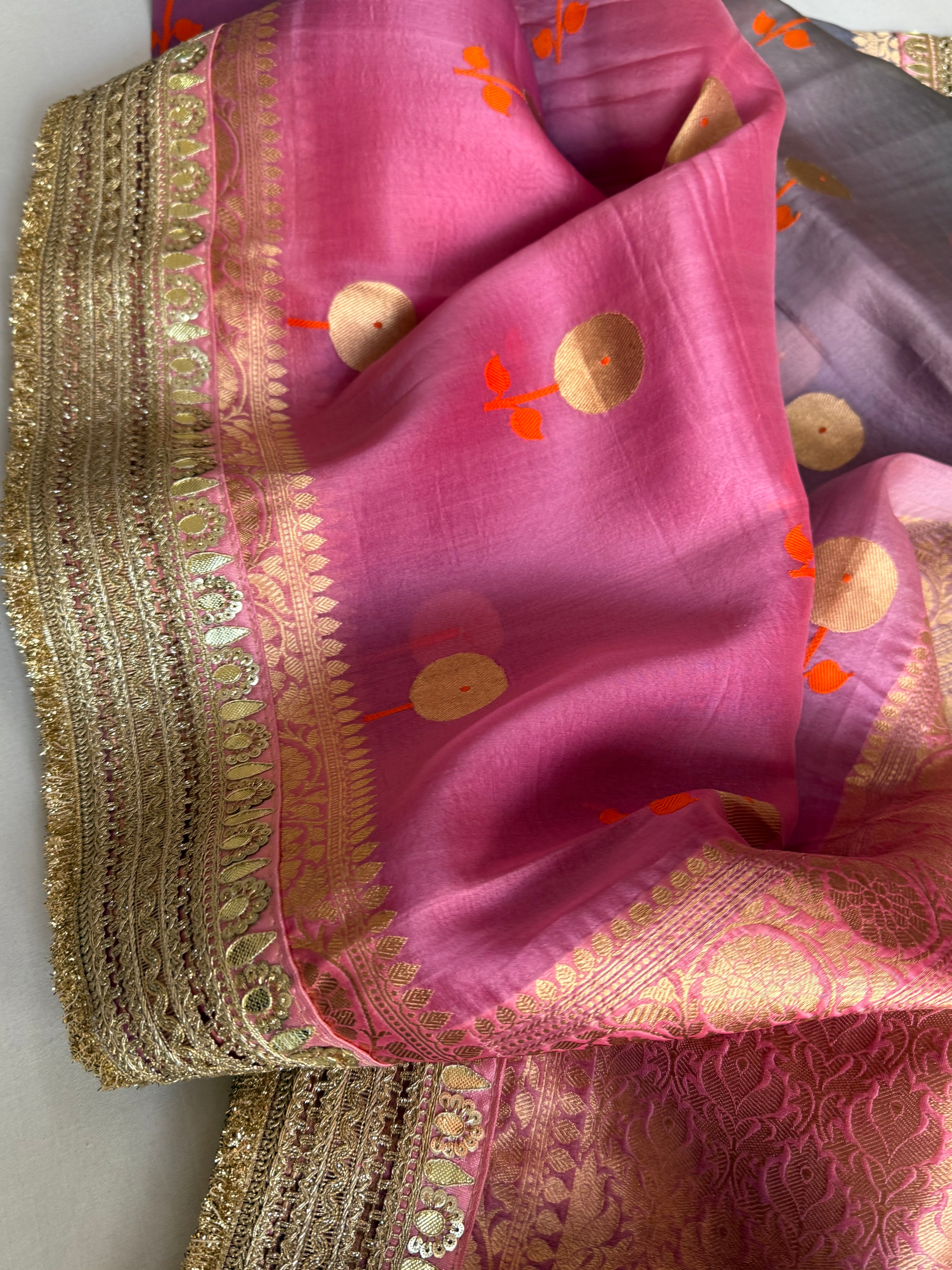 Rang-birangi banarasi kora silk multicoloured shaded kadhwa saree
