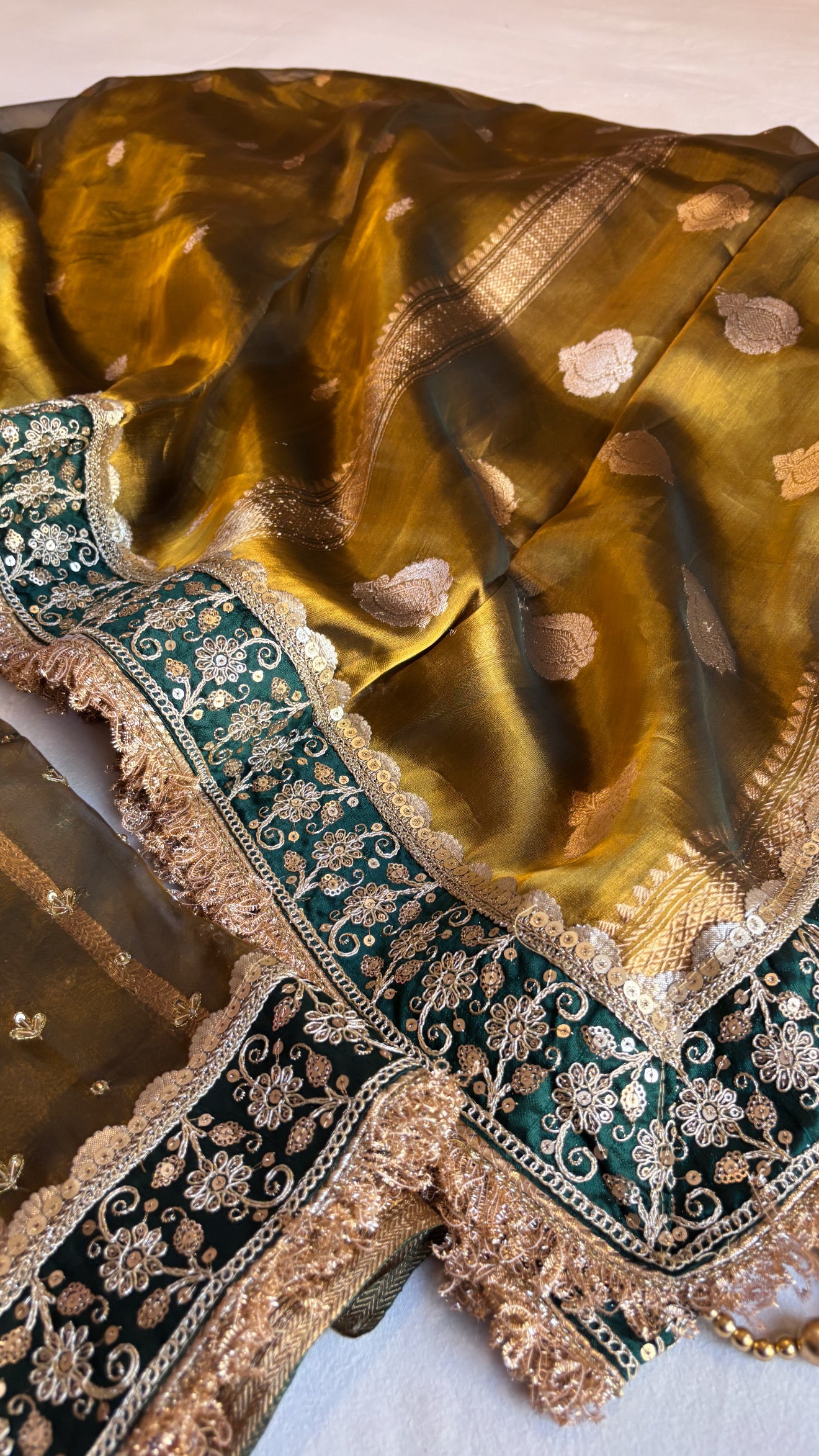 Mehfil kanjivaram green tissue silk heavy hand embroidered saree