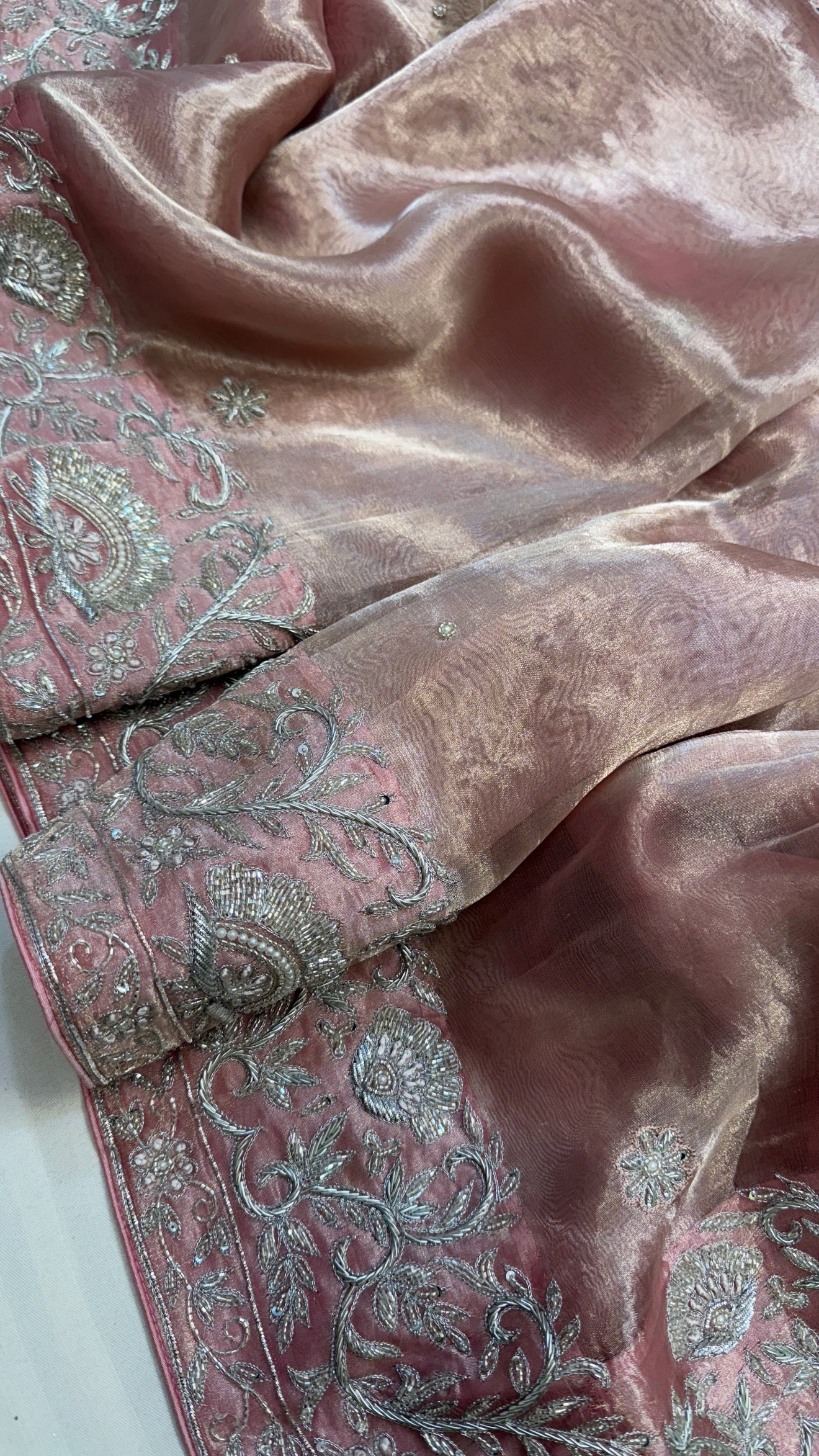 Gulab ki pankhuri husn tissue silk heavy zardozi border hand embroidered saree