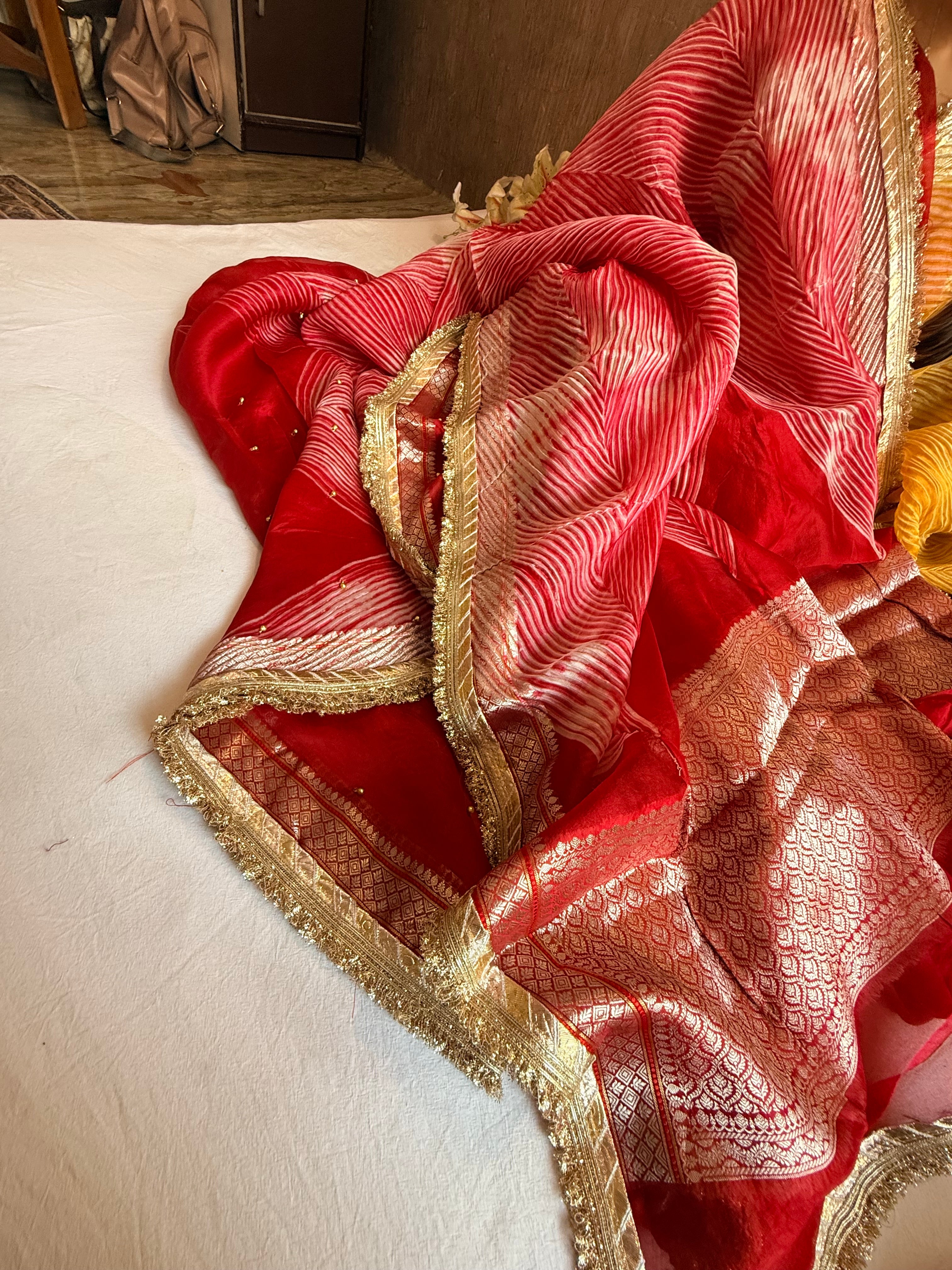 Arshi dye ghungro work kora silk banarasi kadhwa weaving saree