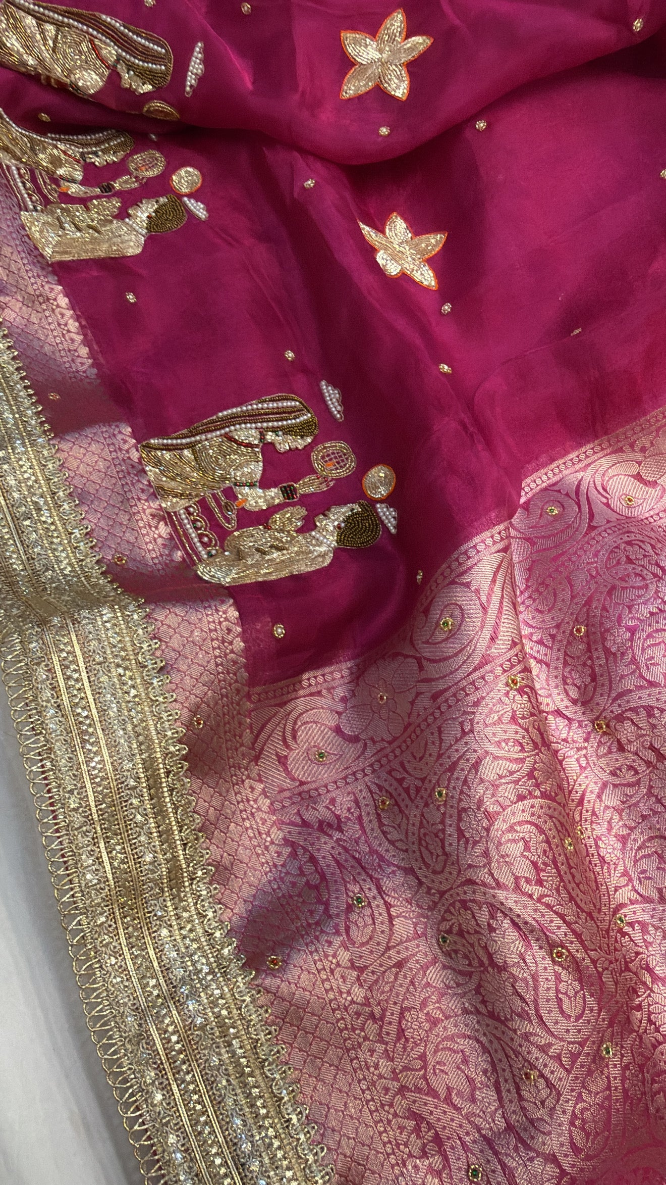 Hot pink husn tissue silk hand embroidered kadhwa saree