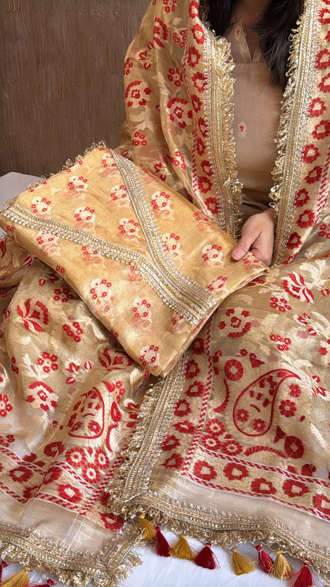Vivah edit - Golden tissue silk jamdani meenakari weaving hand embroidered kadhwa suit set
