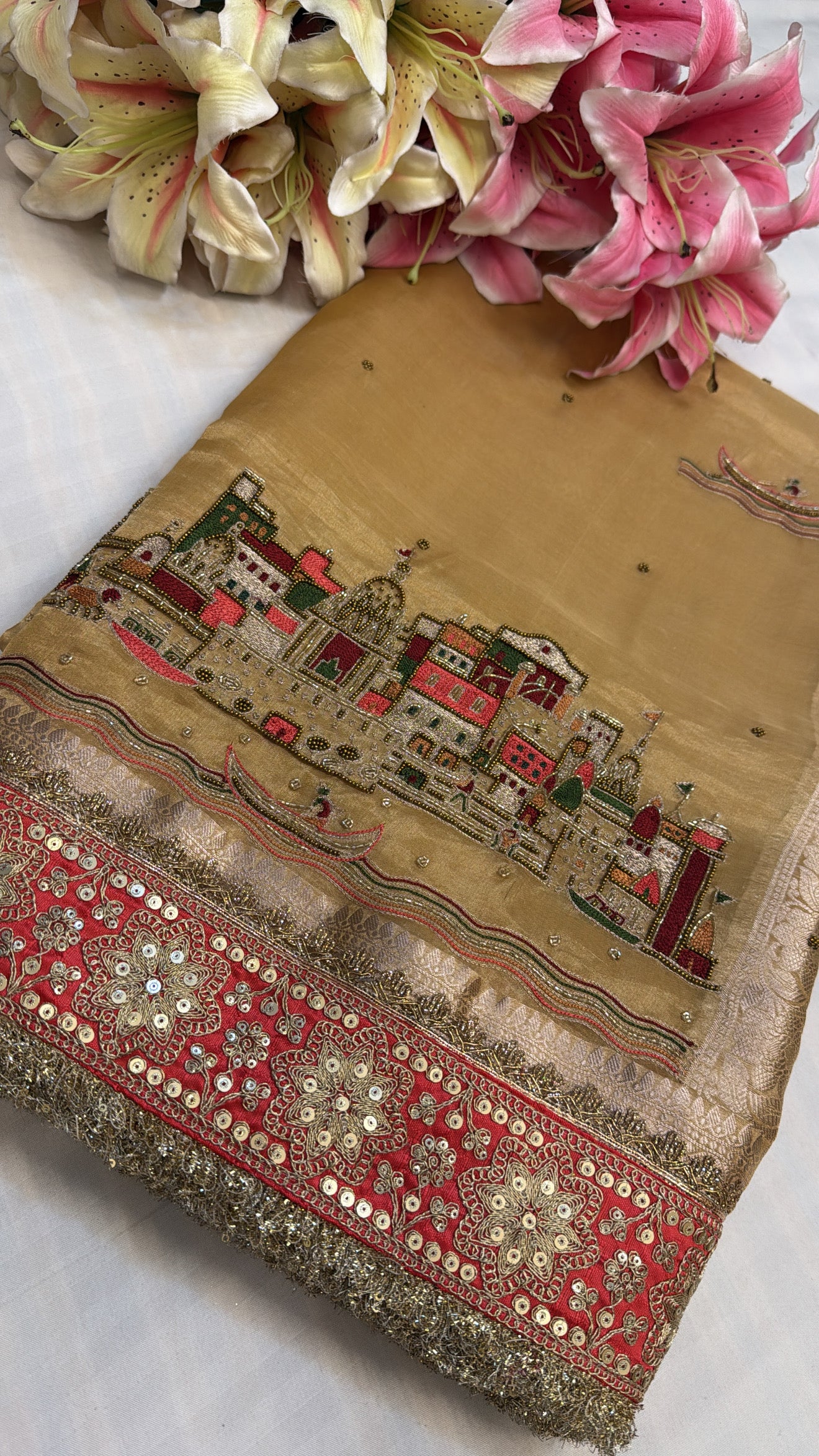 Soft golden banarasi ghat hand embroidered tissue silk kadhwa saree