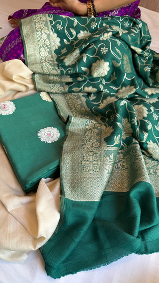 Bottle green moonga silk jaal duppata and chiniya silk meenakari kurta suit set