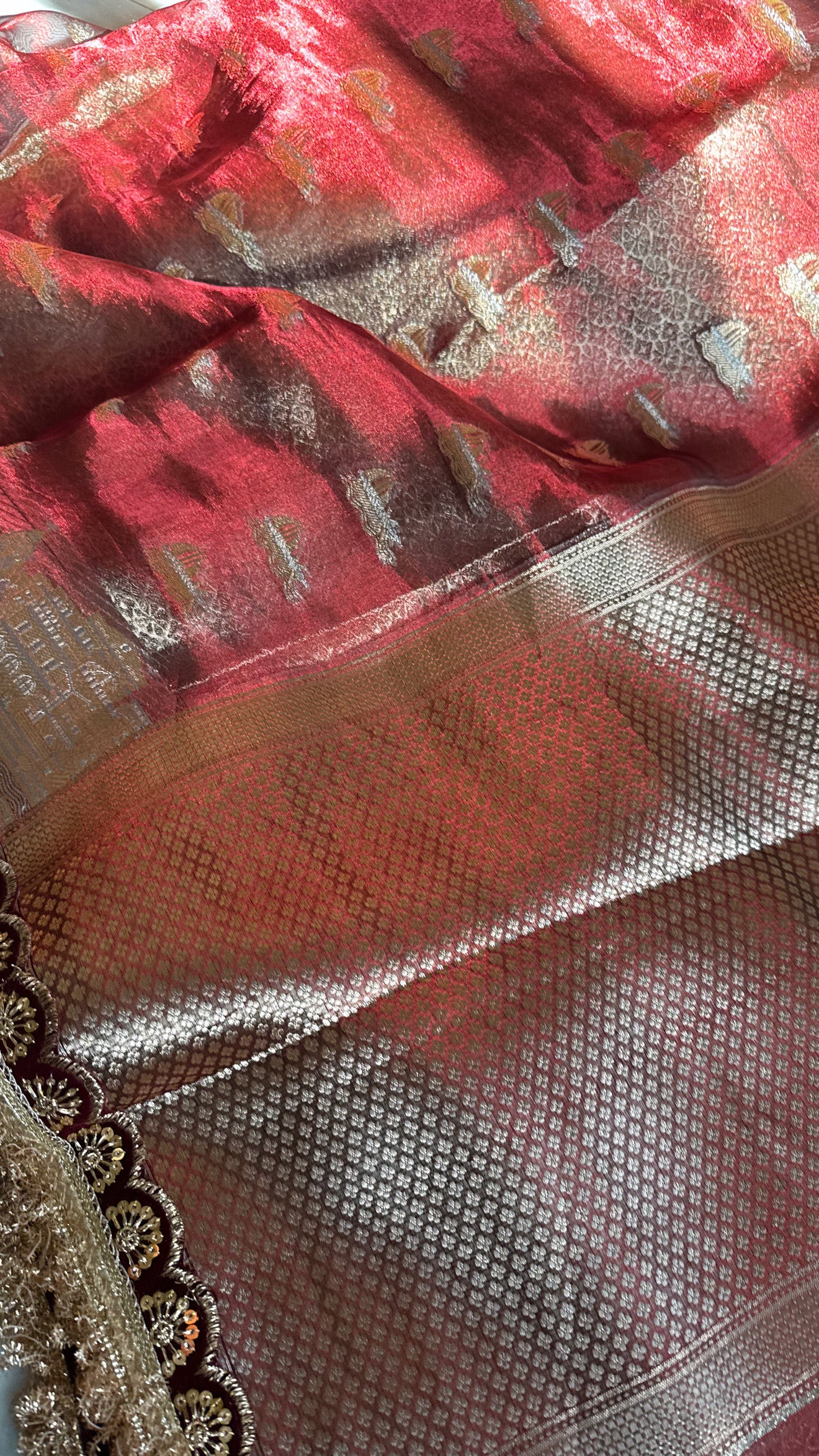 Teej special- Midnight blood red kadhwa buti maharani tissue silk saree