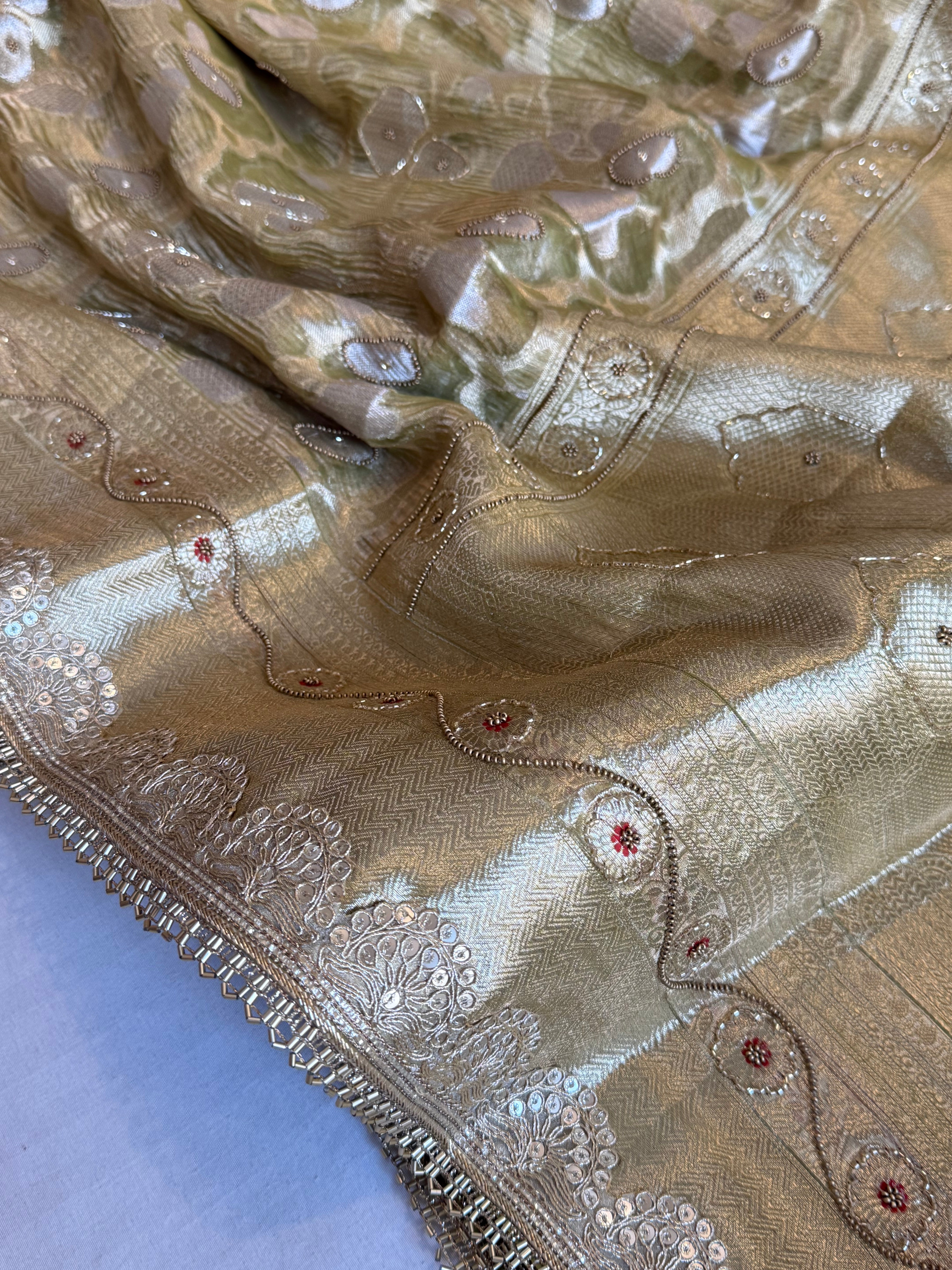 Mehfil sona rupa crushed tissue silk hand embroidered kadhwa saree