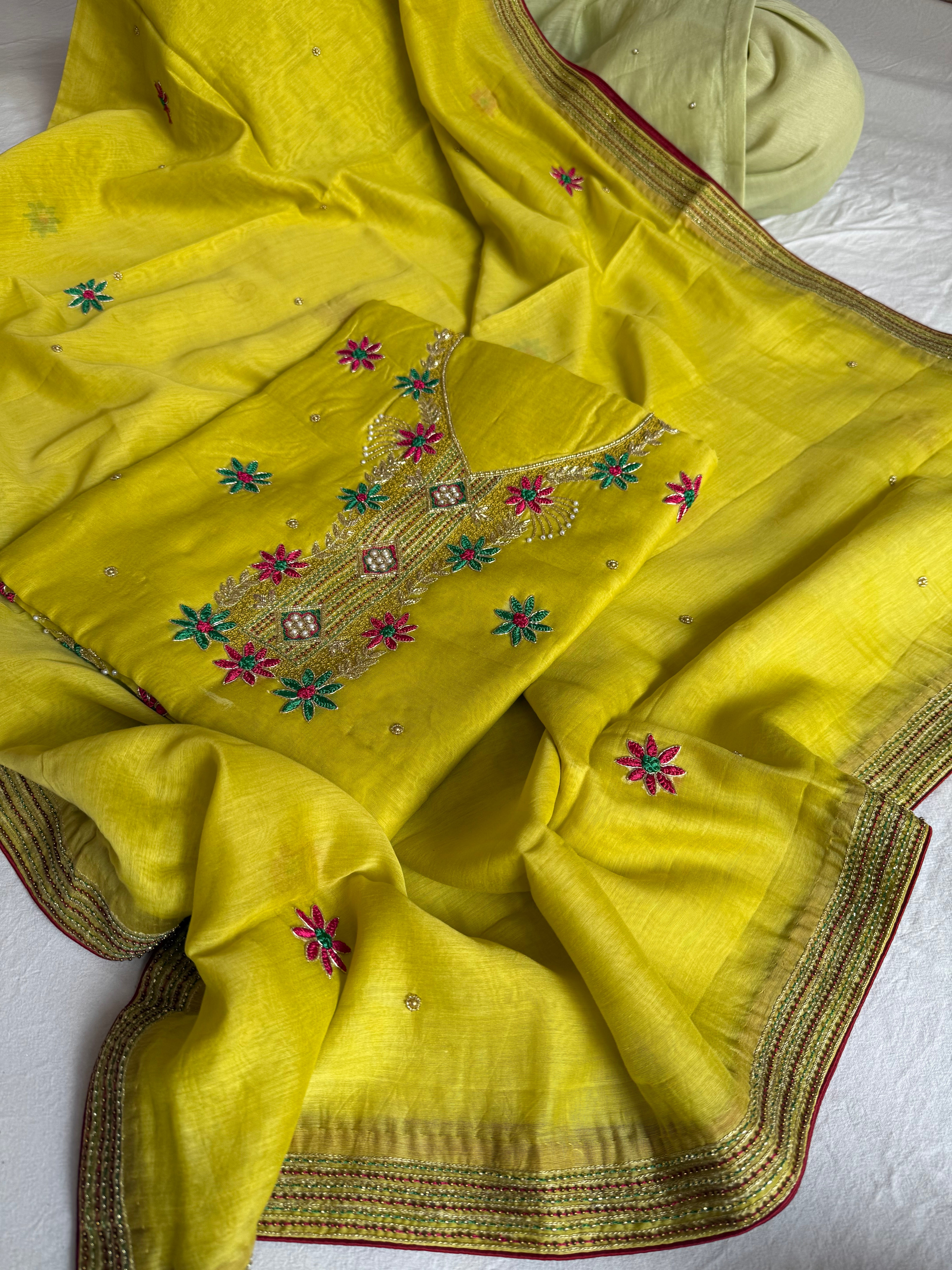 Banarasi formal wear mul cotton lime green cotton hand embroidered kurta paired with mul cotton hand embroidered duppata set