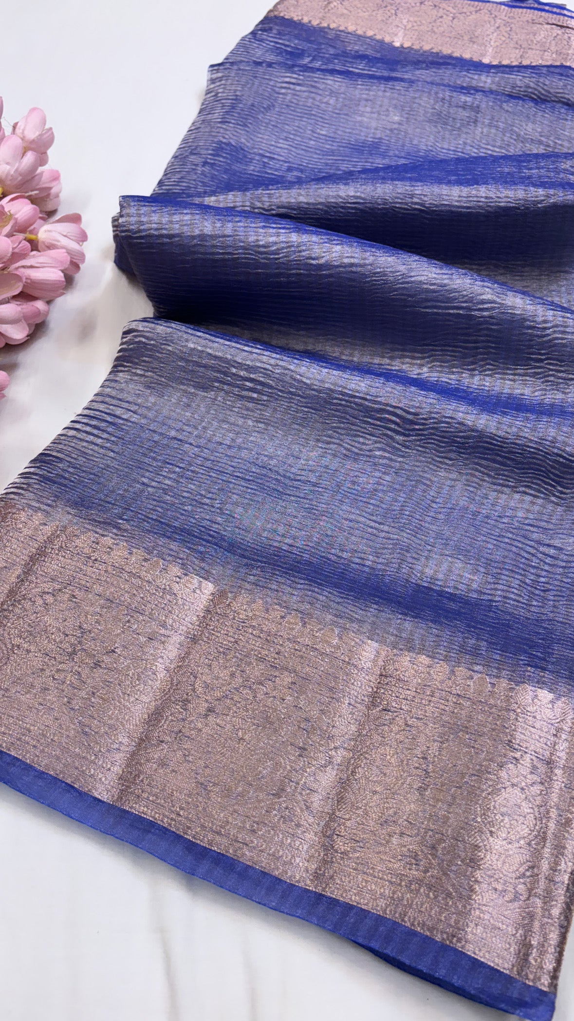 Pure banarasi ink blue crushed tissue silk handwoven kadhwa saree with intricate border and kadhwa blouse
